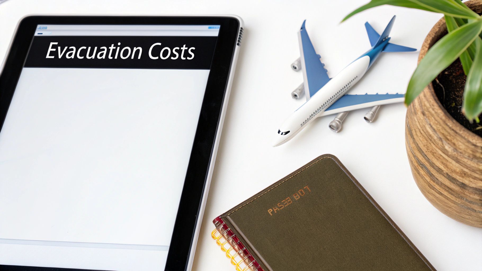 Tablet showing 'Evacuation Costs' with a model airplane, passport, and plant, symbolizing travel planning and expenses.