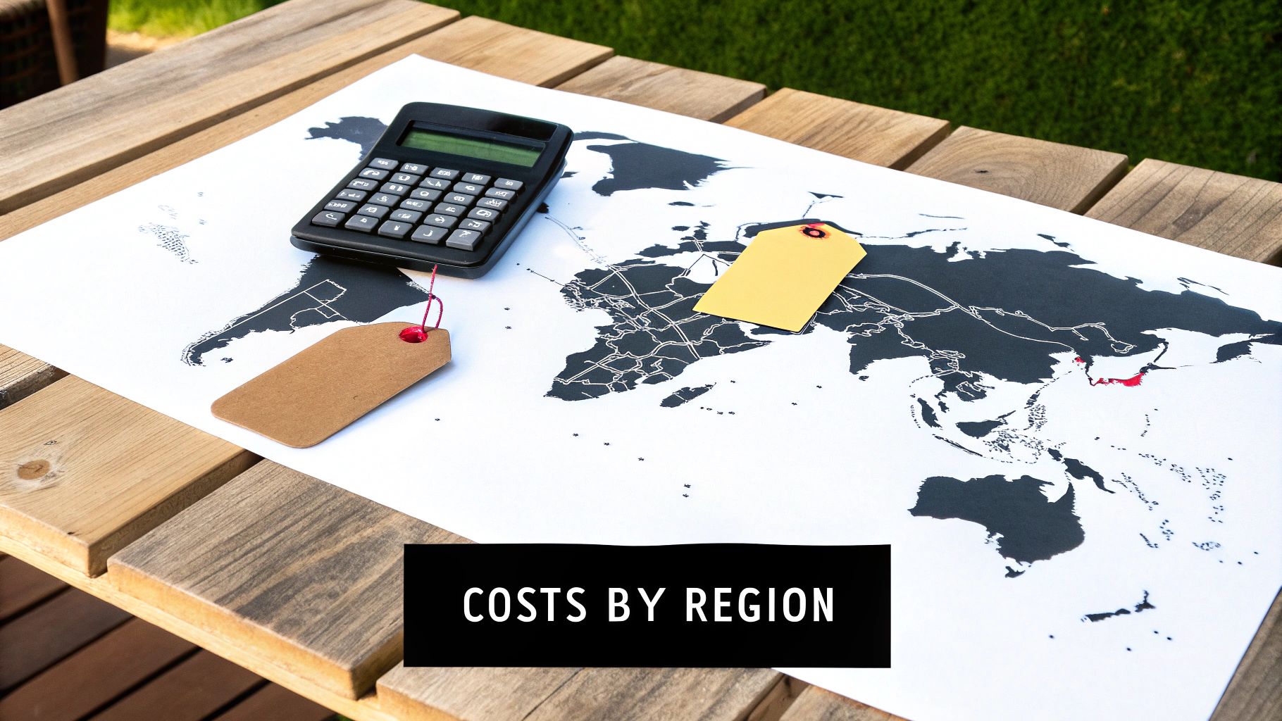 A calculator and two price tags on a world map, with text 'COSTS BY REGION' visible.