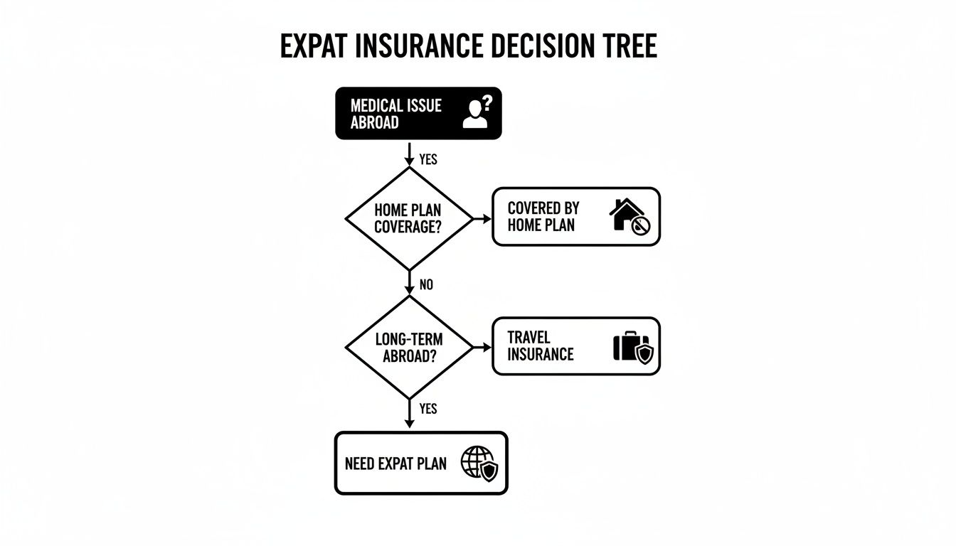 Expat insurance decision tree flowchart helps determine if you need home, travel, or expat plan.