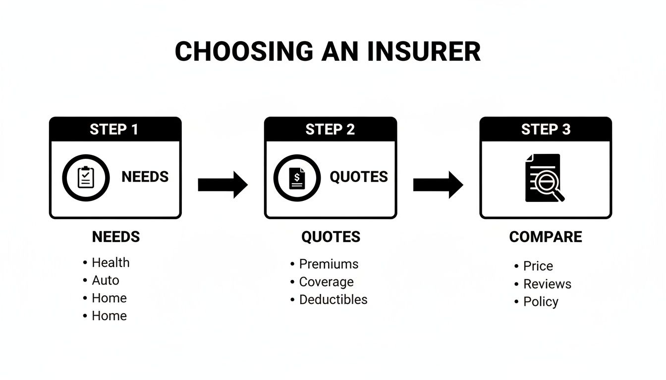 A three-step infographic illustrating the process of choosing an insurer, covering needs, quotes, and comparison.