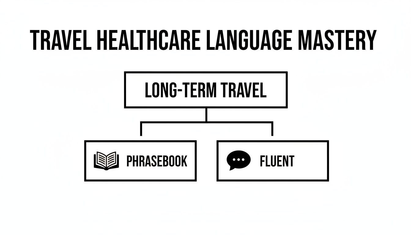 A flowchart titled 'Travel Healthcare Language Mastery' showing 'Long-Term Travel' branching into 'Phrasebook' and 'Fluent'.