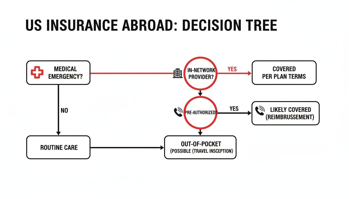 A decision tree illustrating US health insurance coverage abroad for medical emergencies and routine care.