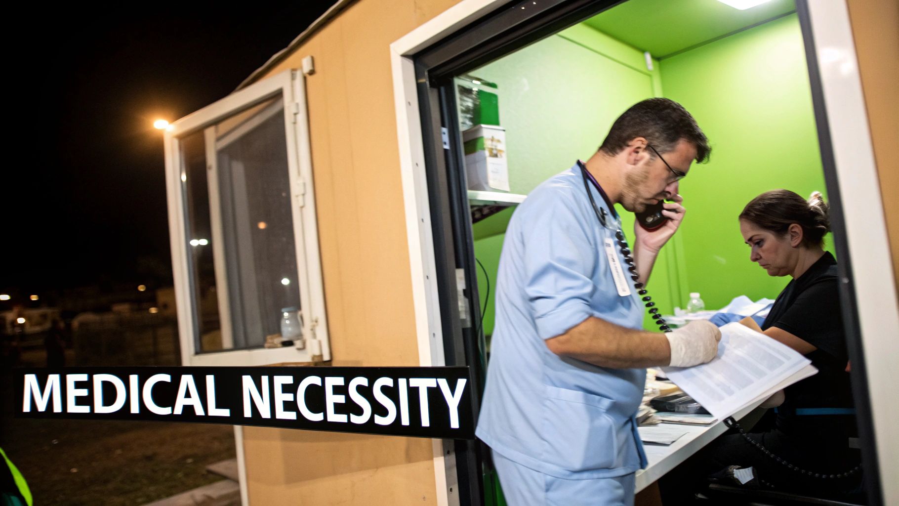 Medical professionals work late at night in a temporary clinic, one on phone, the other reviewing papers.