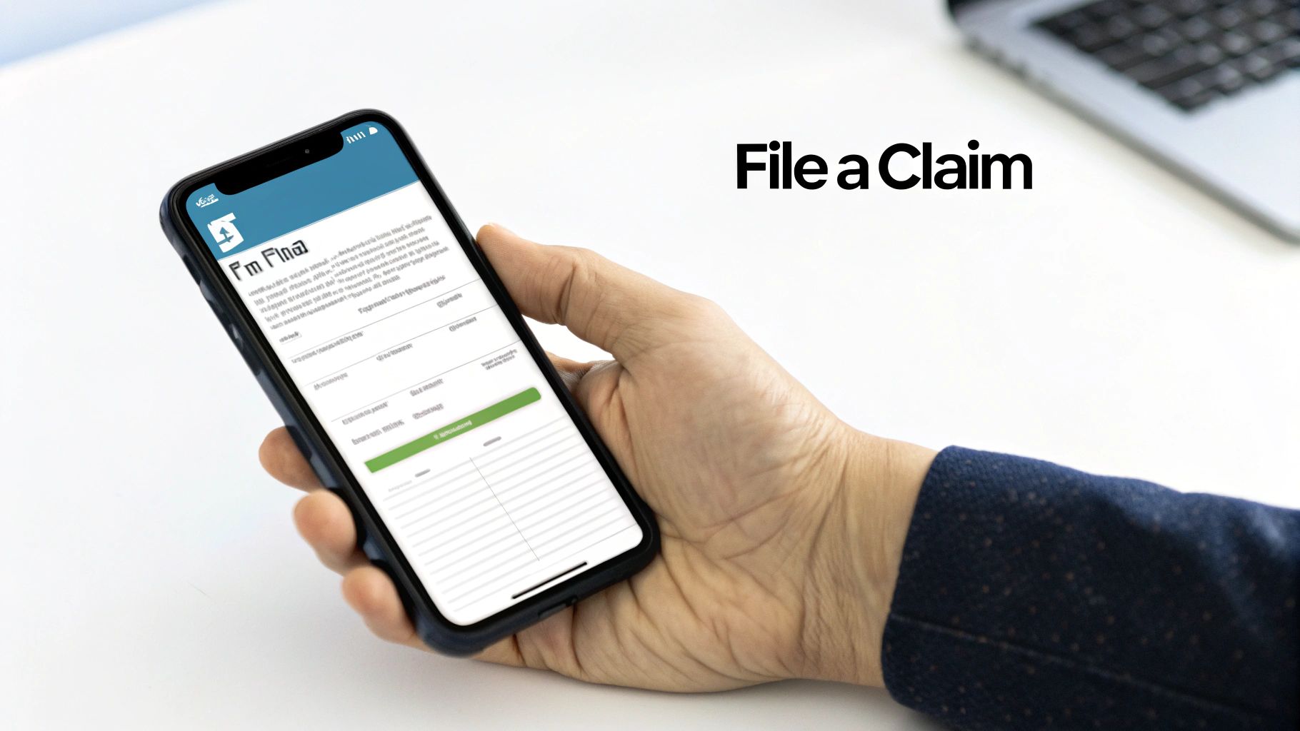 Hand holding a smartphone displaying an insurance claim application, with 'File a Claim' text.