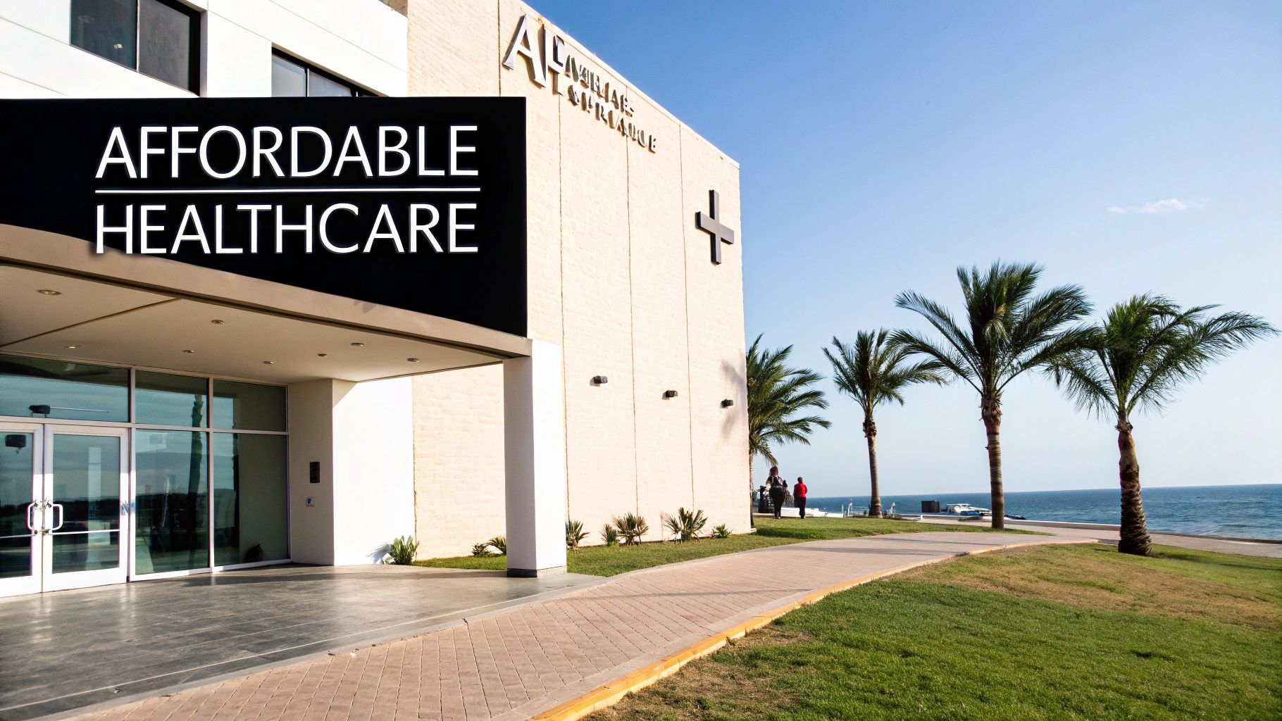 A modern hospital building with a prominent 'AFFORDABLE HEALTHCARE' sign, palm trees, and ocean view.