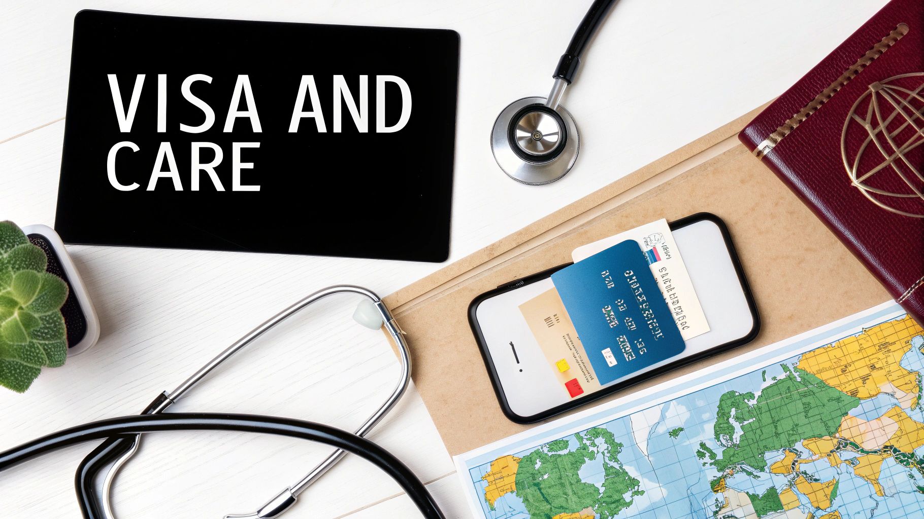 Flat lay of travel essentials: 'VISA AND CARE' sign, stethoscope, passport, credit cards, and world map.