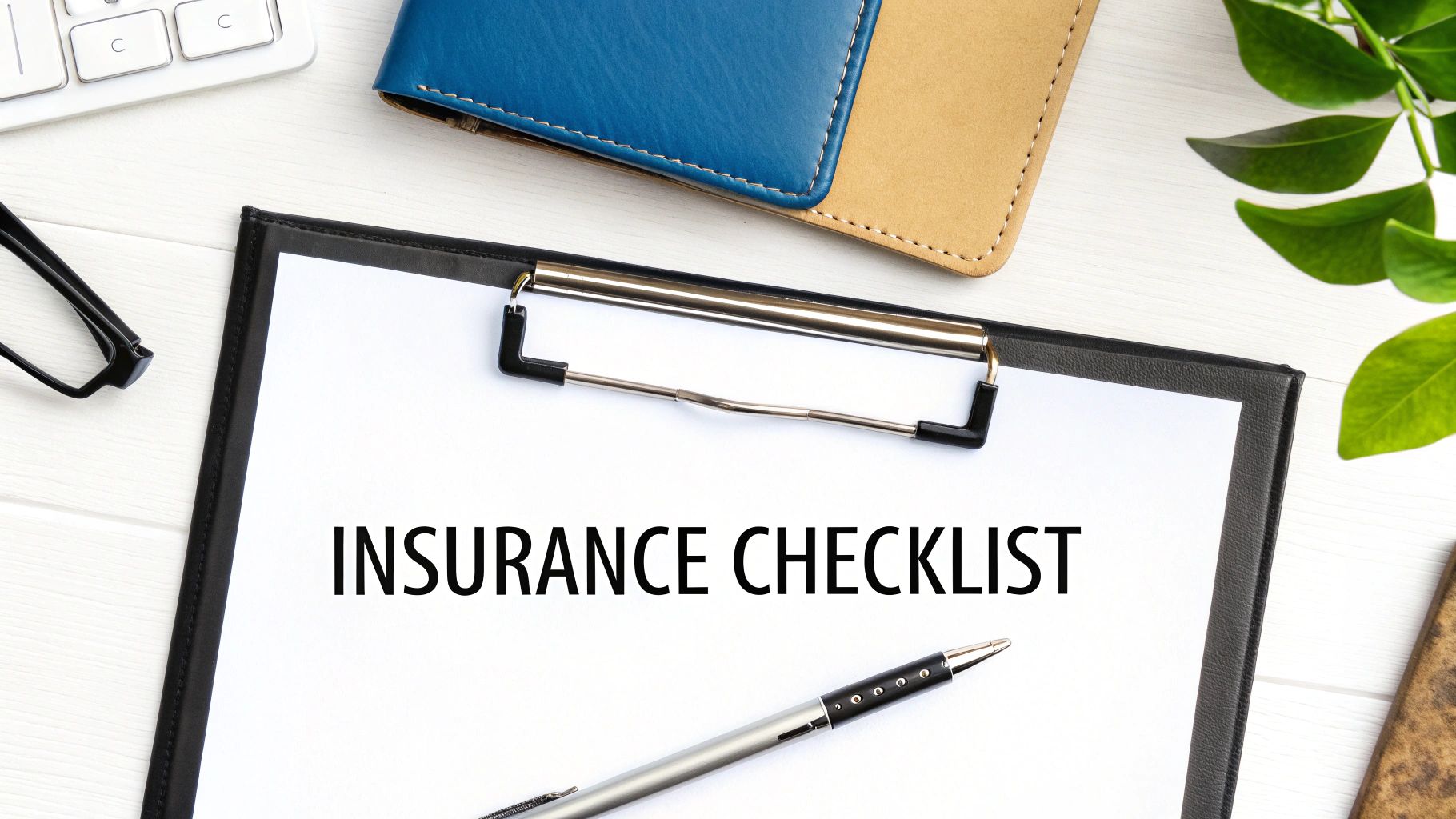 A flat lay of an office desk with a clipboard displaying 'INSURANCE CHECKLIST', a pen, glasses, and a keyboard.