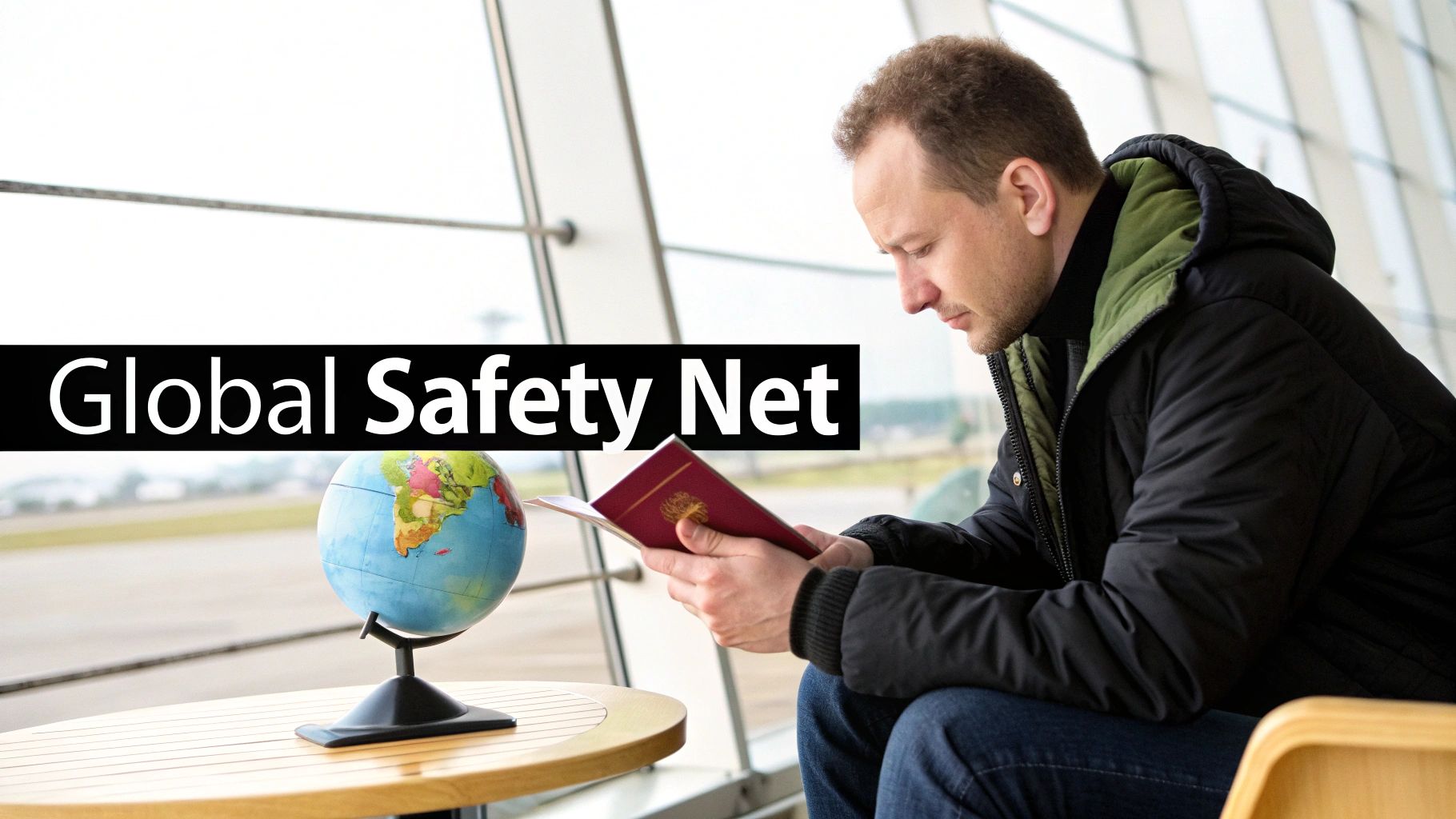 A man holding a passport near a globe at an airport, with 'Global Safety Net' text.