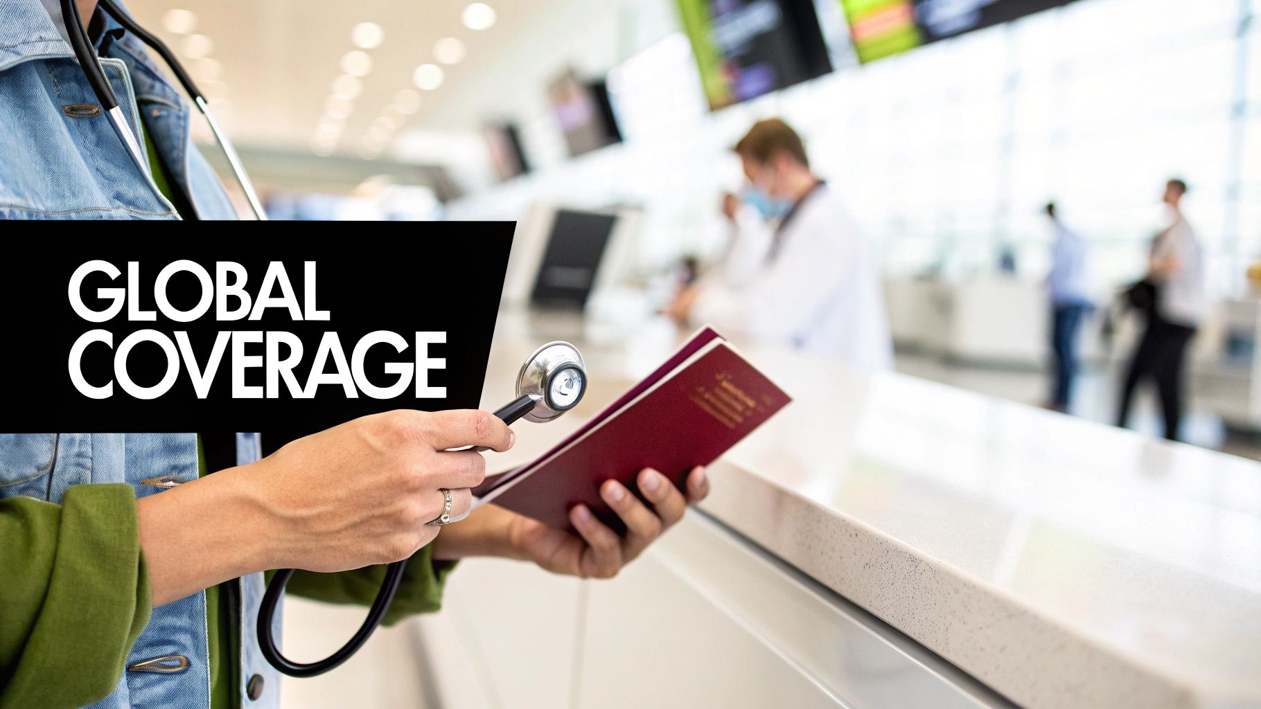 A person holds a stethoscope and a passport with 'GLOBAL COVERAGE' overlay, for international health.