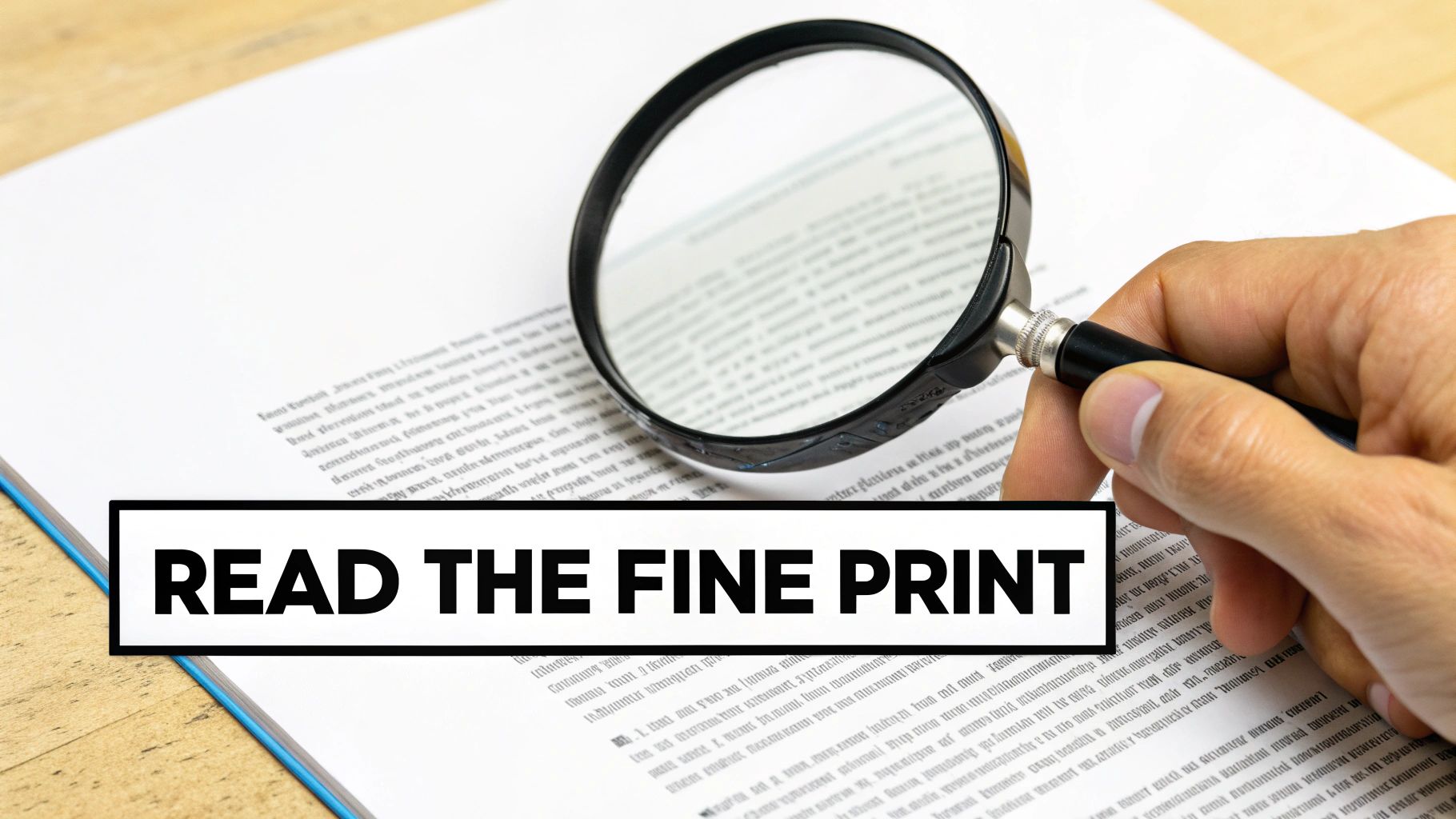 A hand holds a magnifying glass over a document with the text 'READ THE FINE PRINT' for careful review.