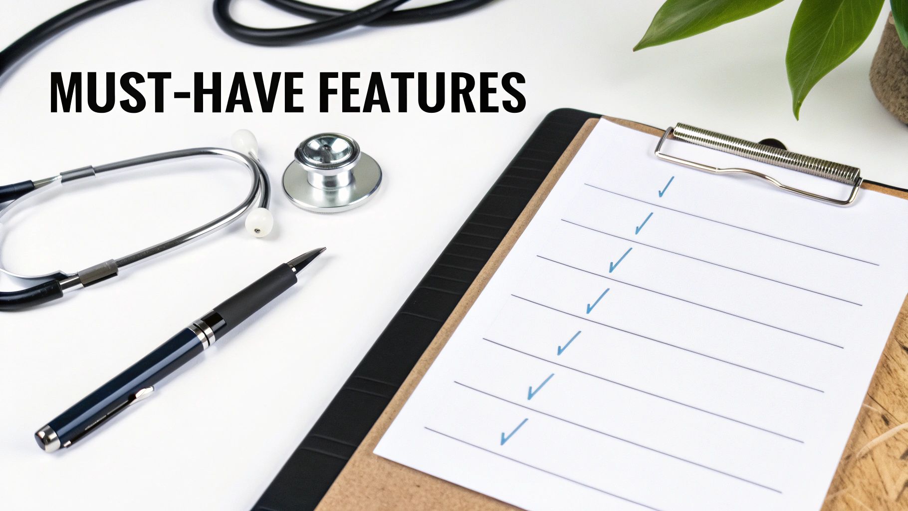 Desk setup with medical tools, a pen, and a checklist titled 'MUST-HAVE FEATURES' on a clipboard.