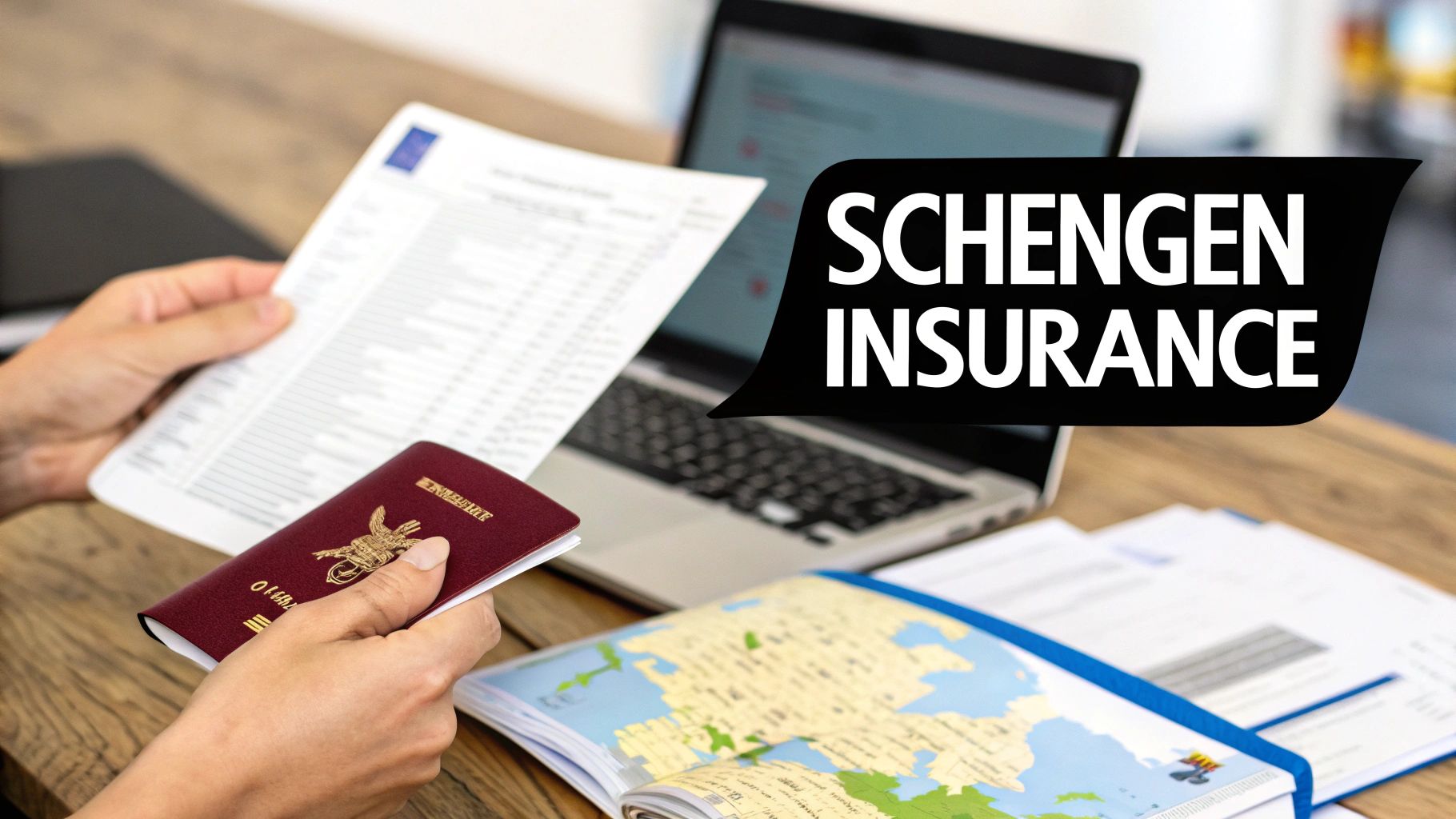 Person holding a passport and documents, with a laptop, map, and 'Schengen Insurance' text.