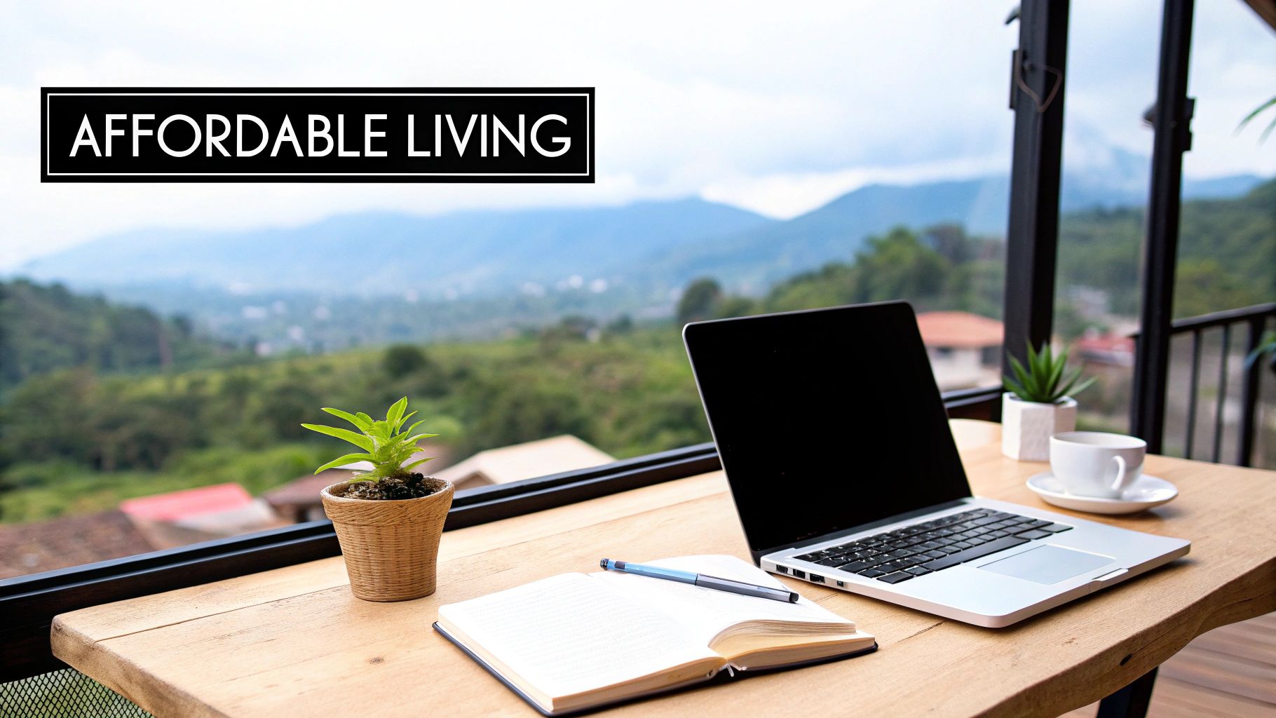 A serene balcony workspace featuring a laptop, notebook, coffee, and plant, overlooking mountains, promoting affordable living.