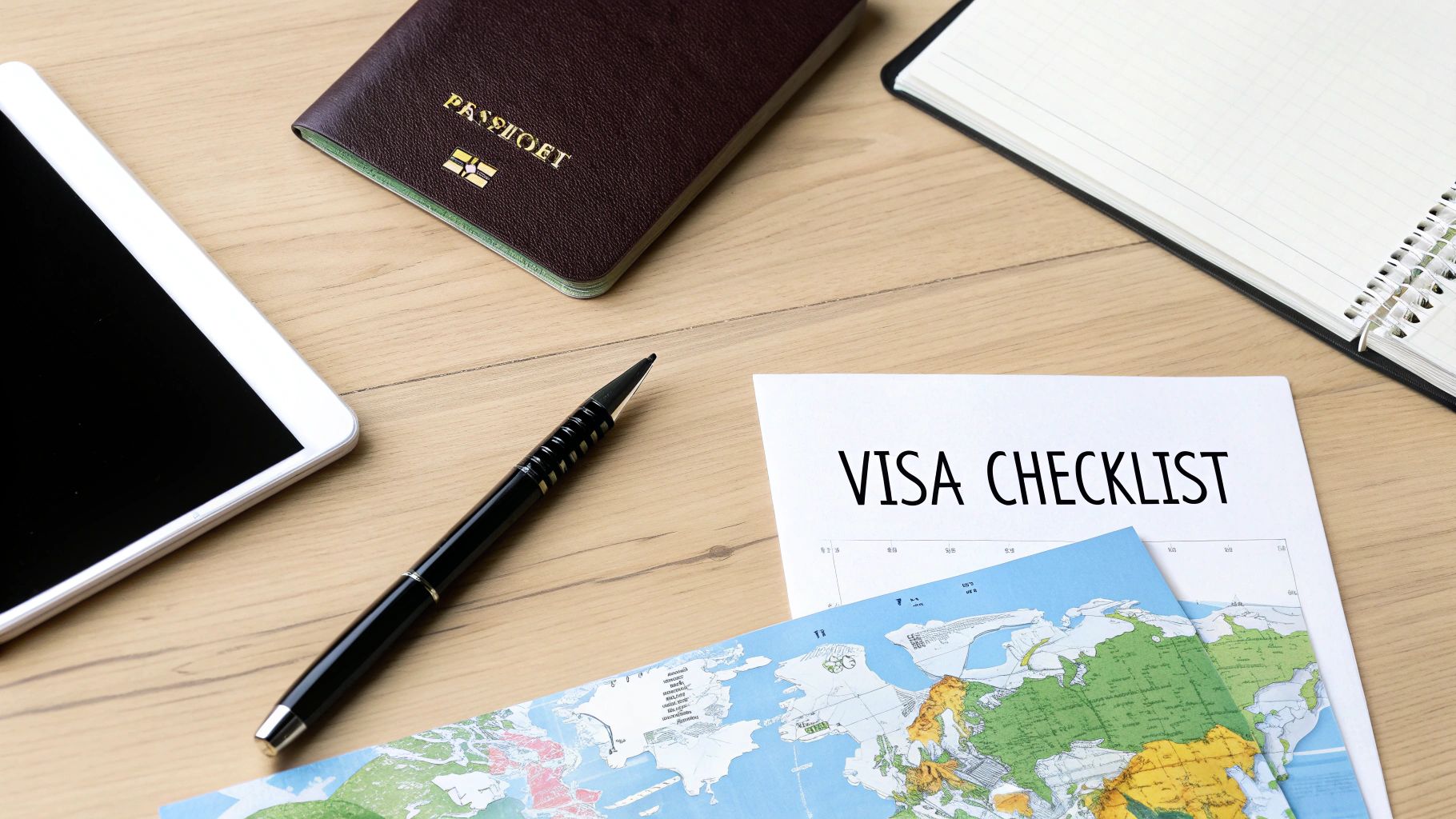 Travel planning flat lay with a passport, visa checklist, world map, tablet, and pen on a wooden desk.