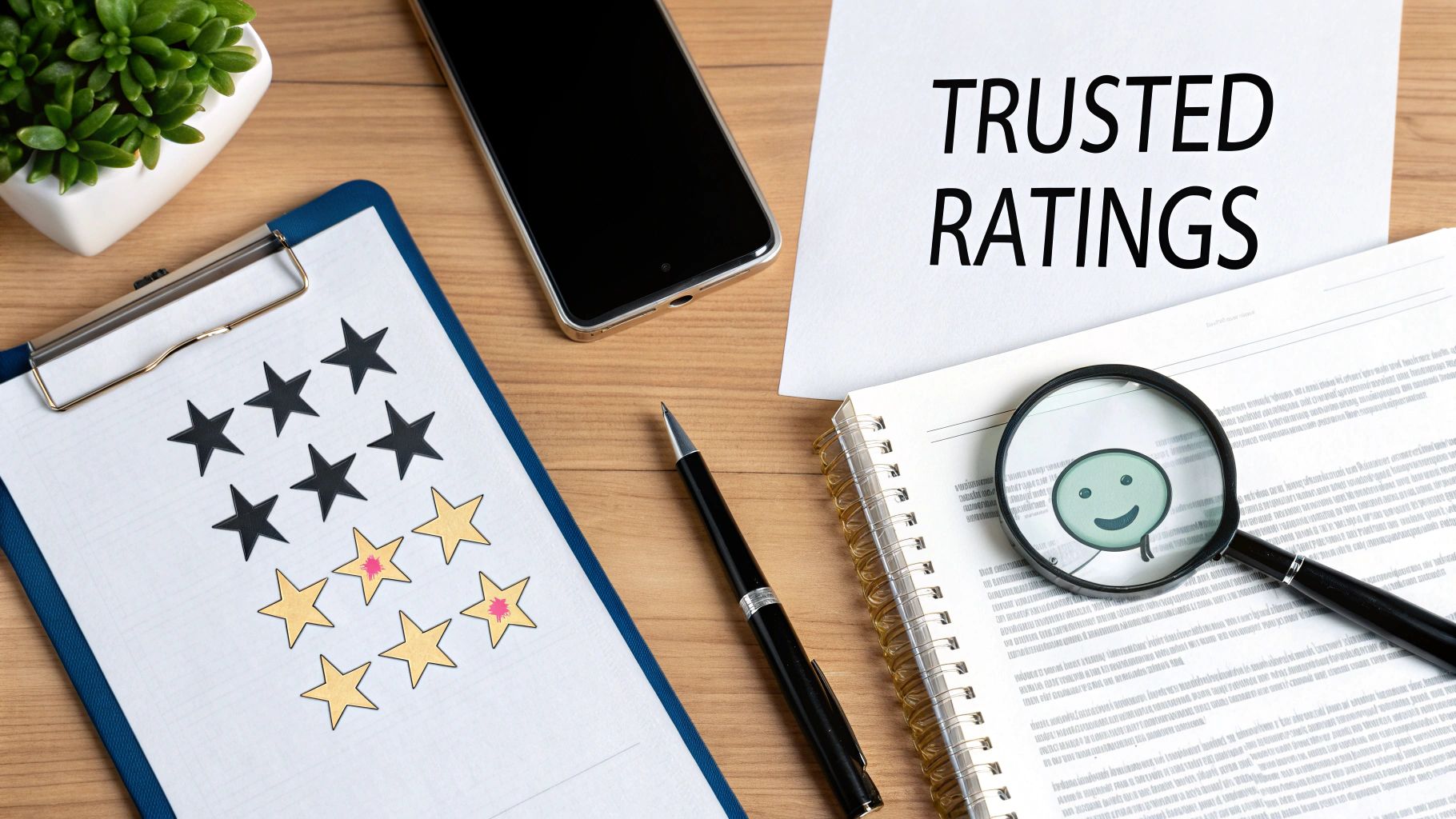 A flat lay of a desk with 'TRUSTED RATINGS' text, star ratings, a phone, and a magnifying glass with a smiley face.