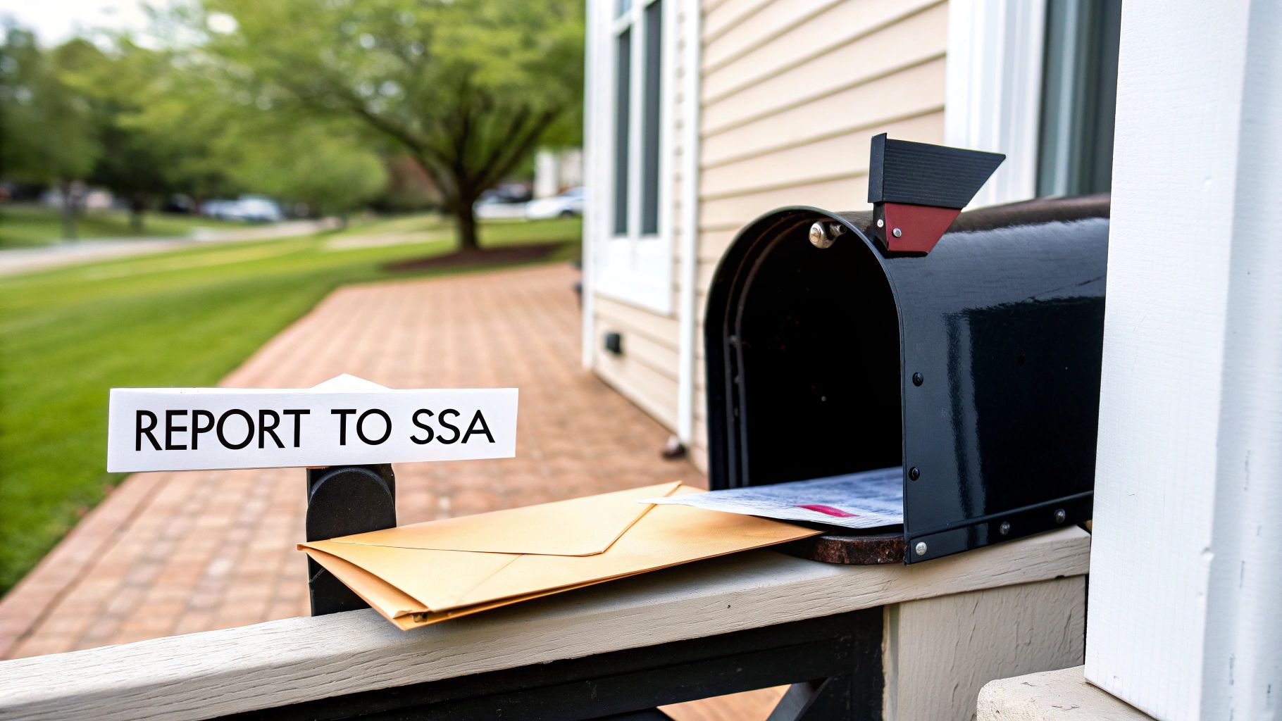A black mailbox with a sign reading 'REPORT TO SSA' and an envelope, symbolizing government reporting.