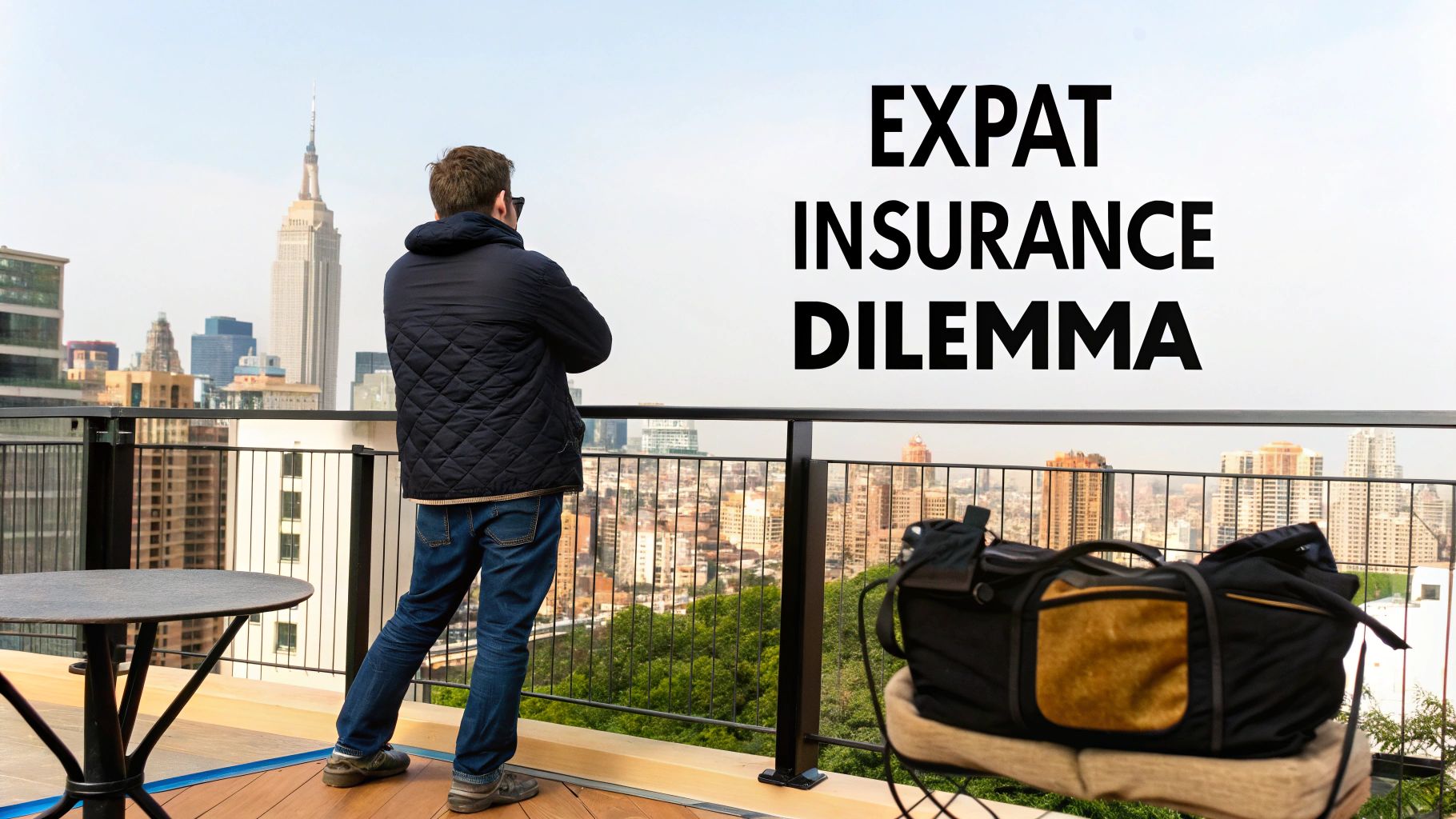 A man on a rooftop balcony overlooking a city skyline with a duffel bag, next to 'Expat Insurance Dilemma' text.