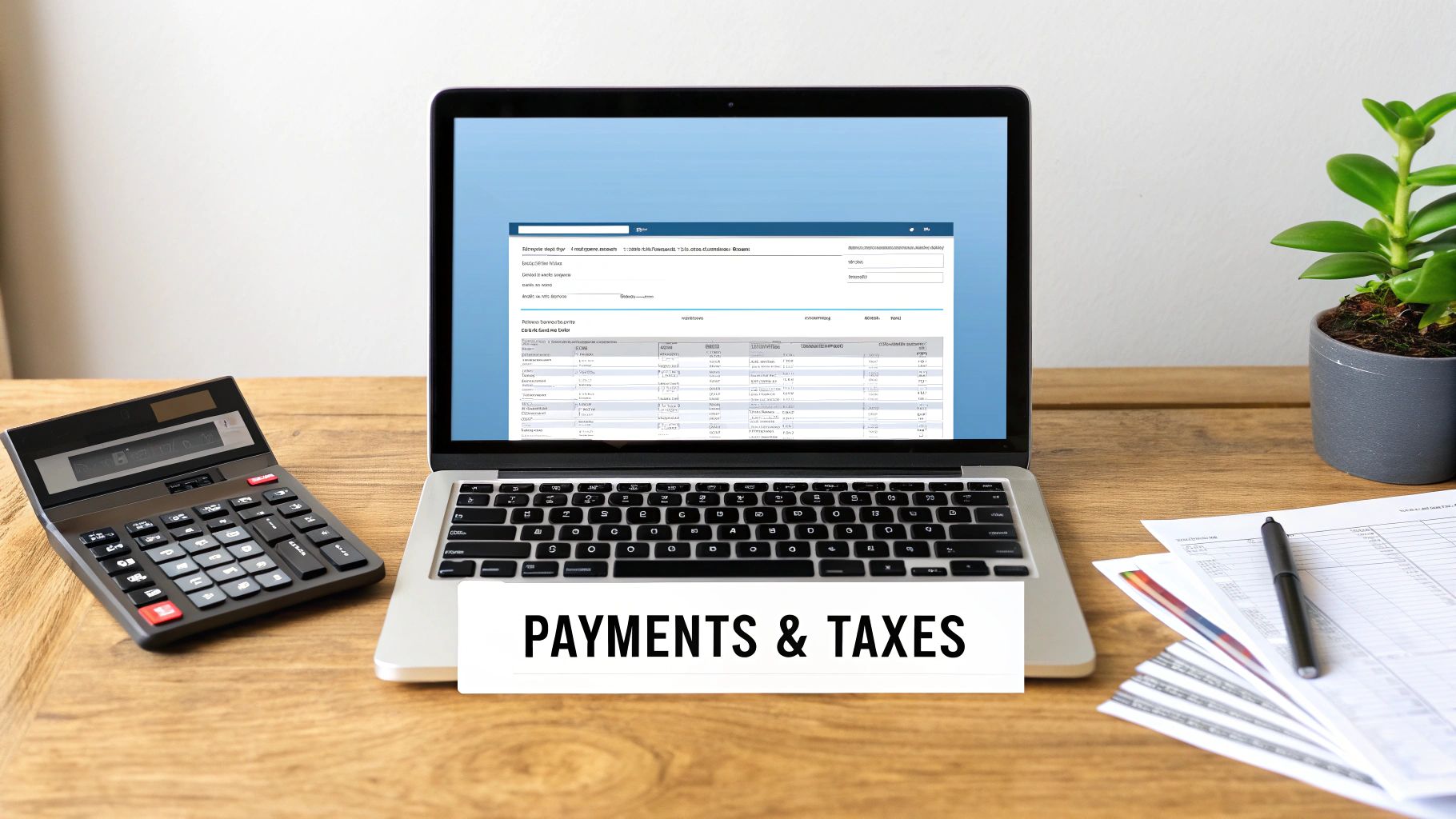 A desk setup with a laptop displaying financial data, a calculator, papers, and a 'PAYMENTS & TAXES' sign.