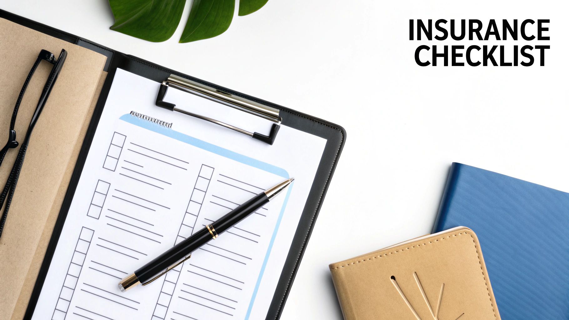Overhead view of an insurance checklist form on a clipboard with a pen, glasses, and notebooks.