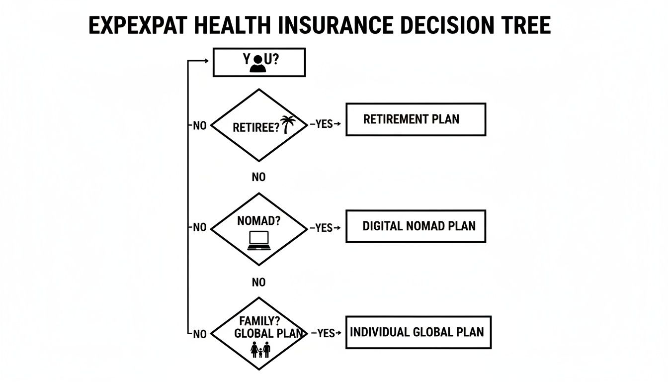 Flowchart illustrating expat health insurance plan selection based on retiree, nomad, or family status.