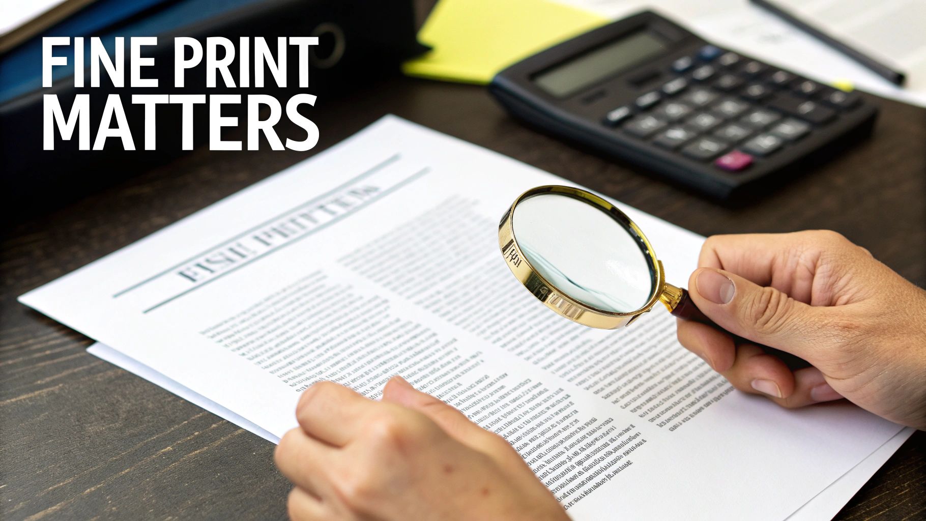 A person's hands use a magnifying glass to carefully read the fine print on a document.