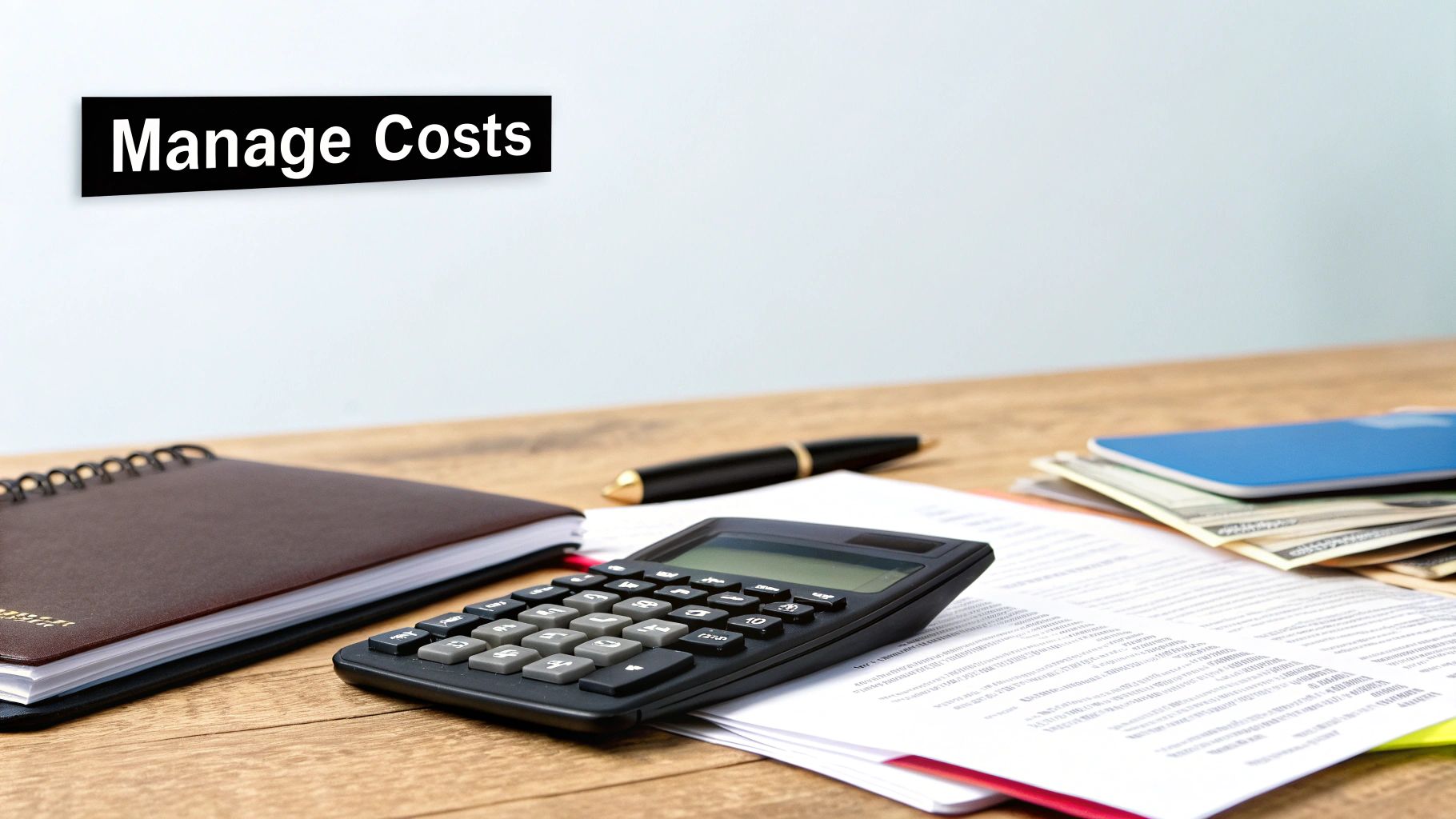 A calculator, notebook, and money on a desk with a banner saying 'Manage Costs'.