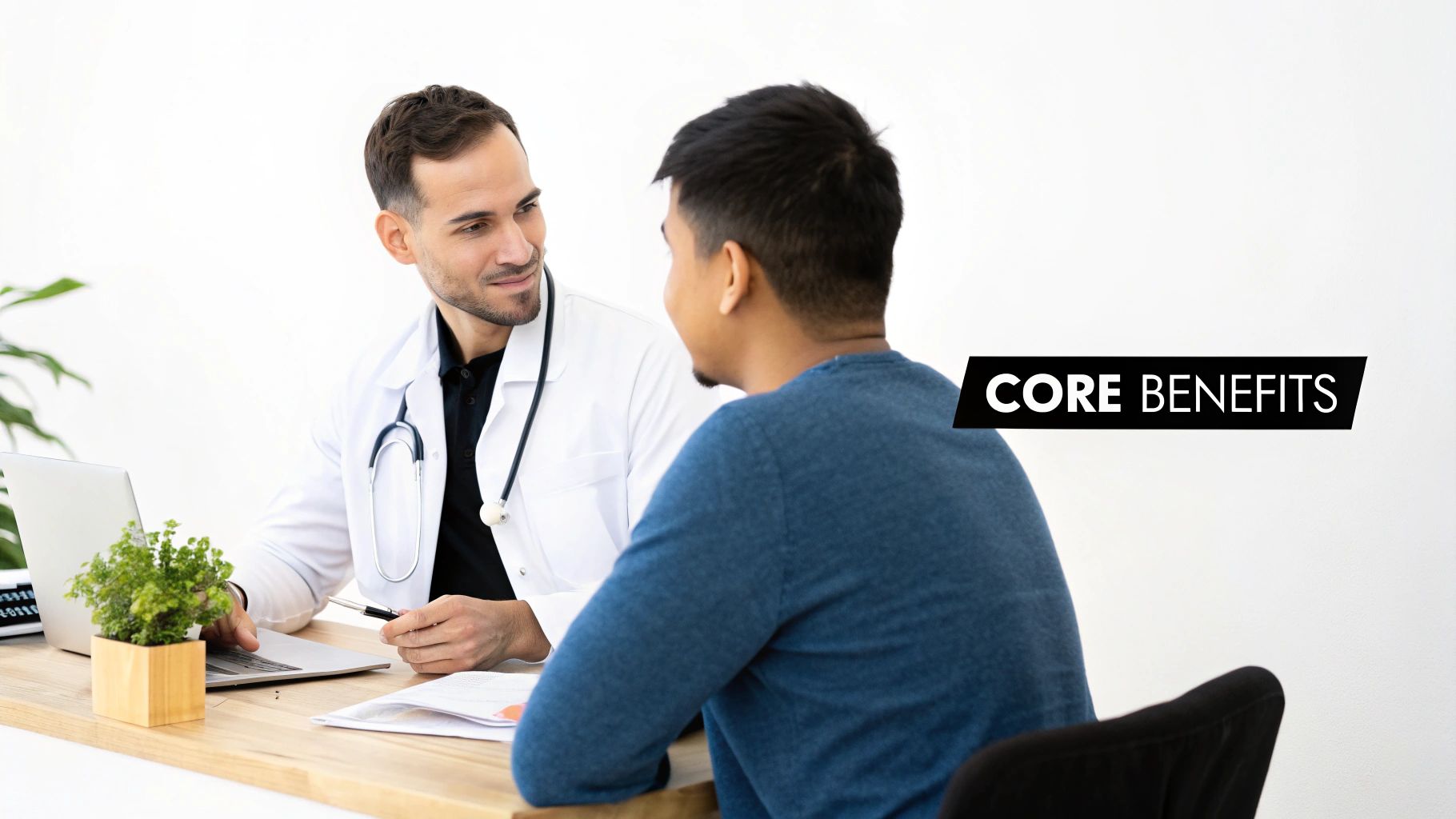A smiling doctor in a lab coat discusses core benefits with a patient during a medical consultation.