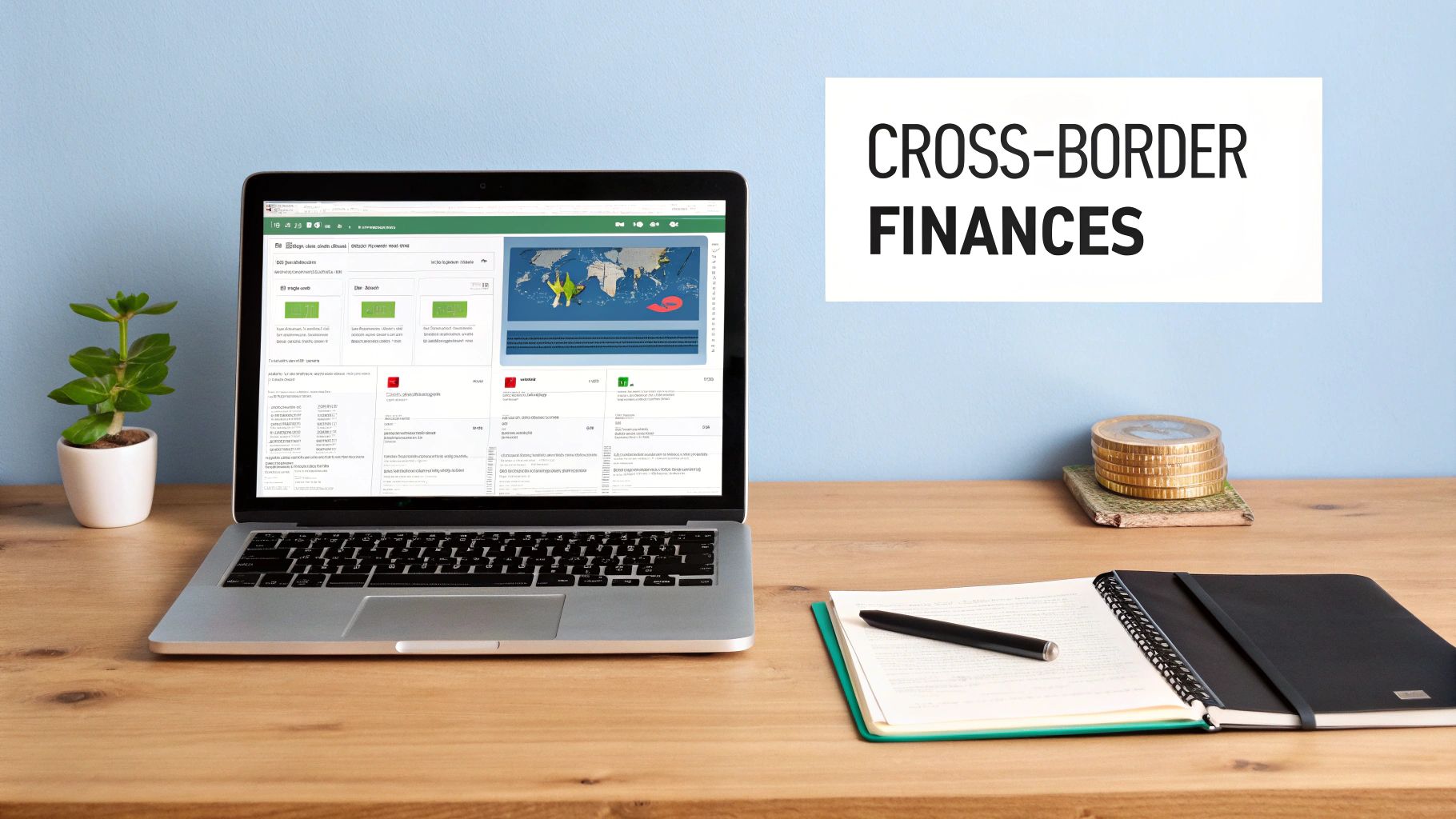 Laptop displaying cross-border finances data on a wooden desk with a plant and notebook.