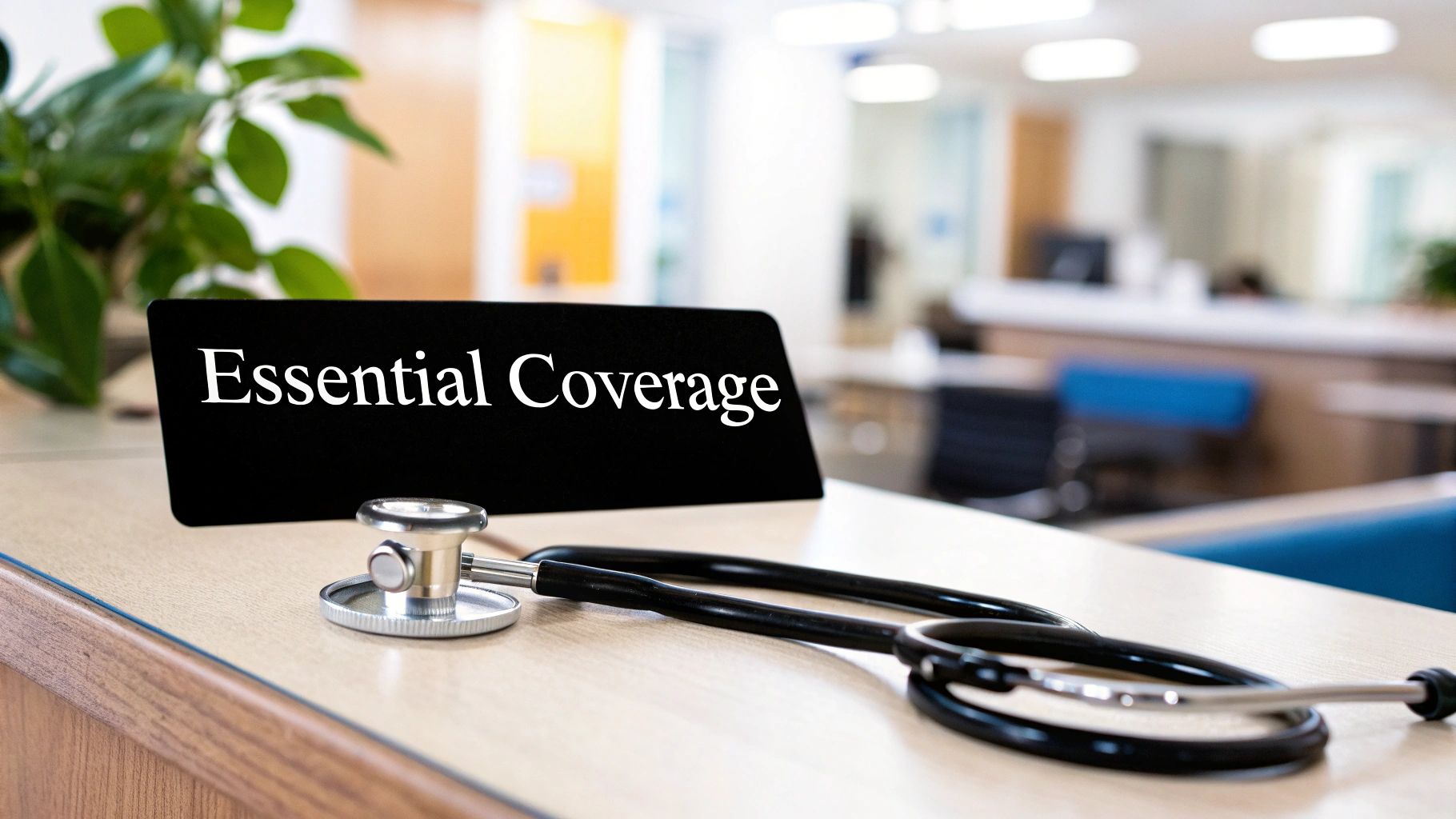 A stethoscope rests on a wooden desk next to a sign reading 'Essential Coverage' in a blurred medical office.