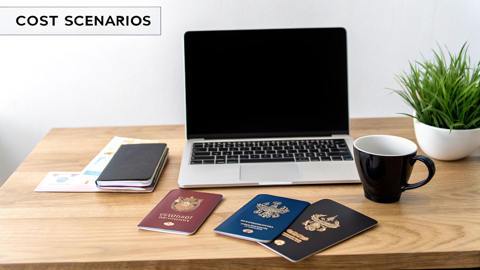 A desk with a laptop, passports, and a notebook for planning travel cost scenarios.