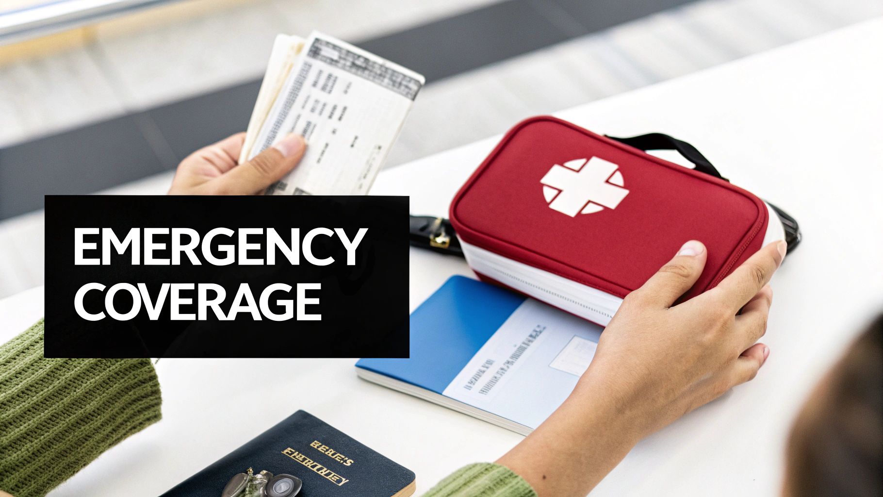 Hands holding travel documents, a first aid kit, and emergency coverage information for a trip.