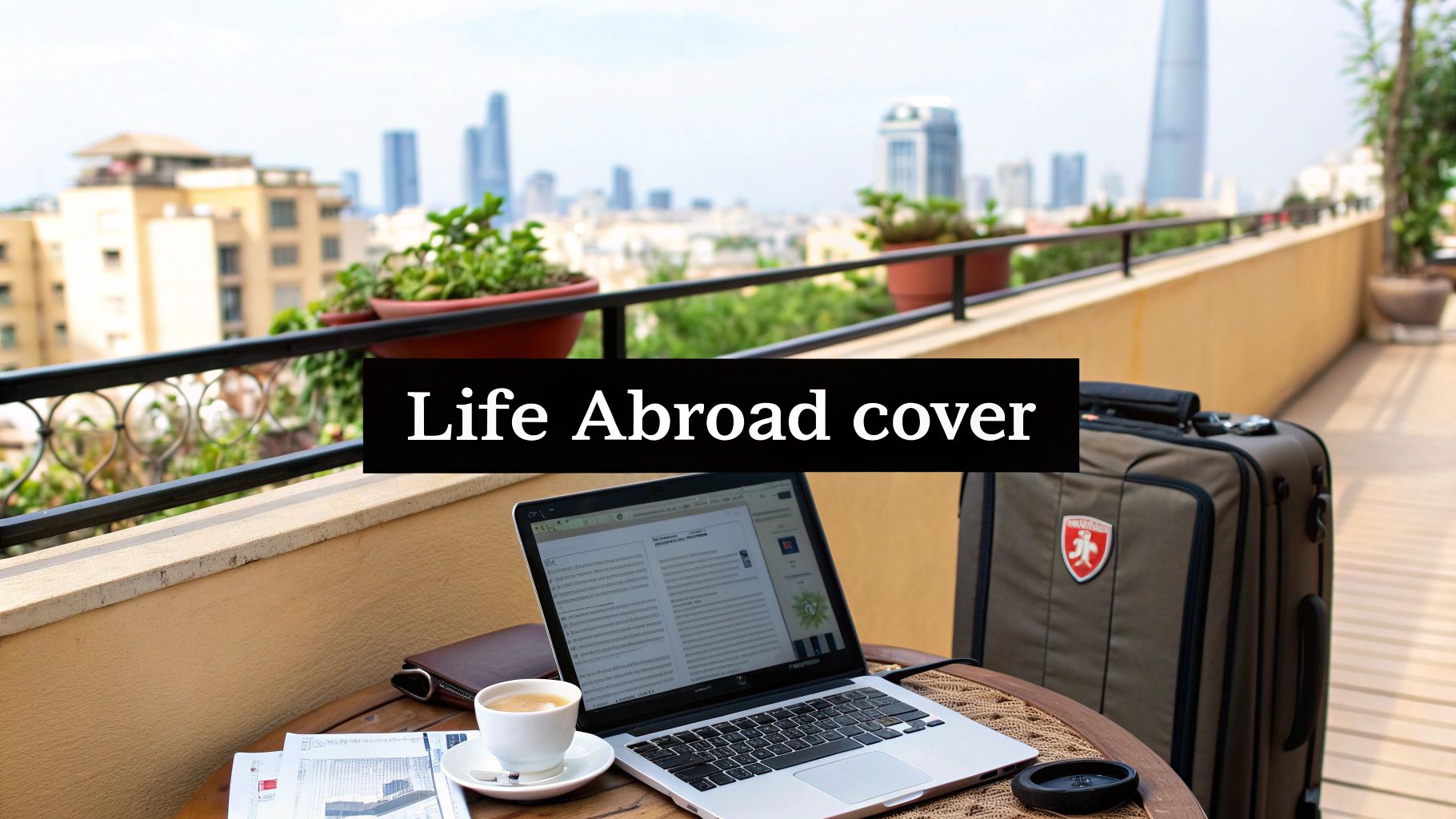 A laptop, coffee cup, and suitcase on a balcony with a city view, suggesting travel and remote work.