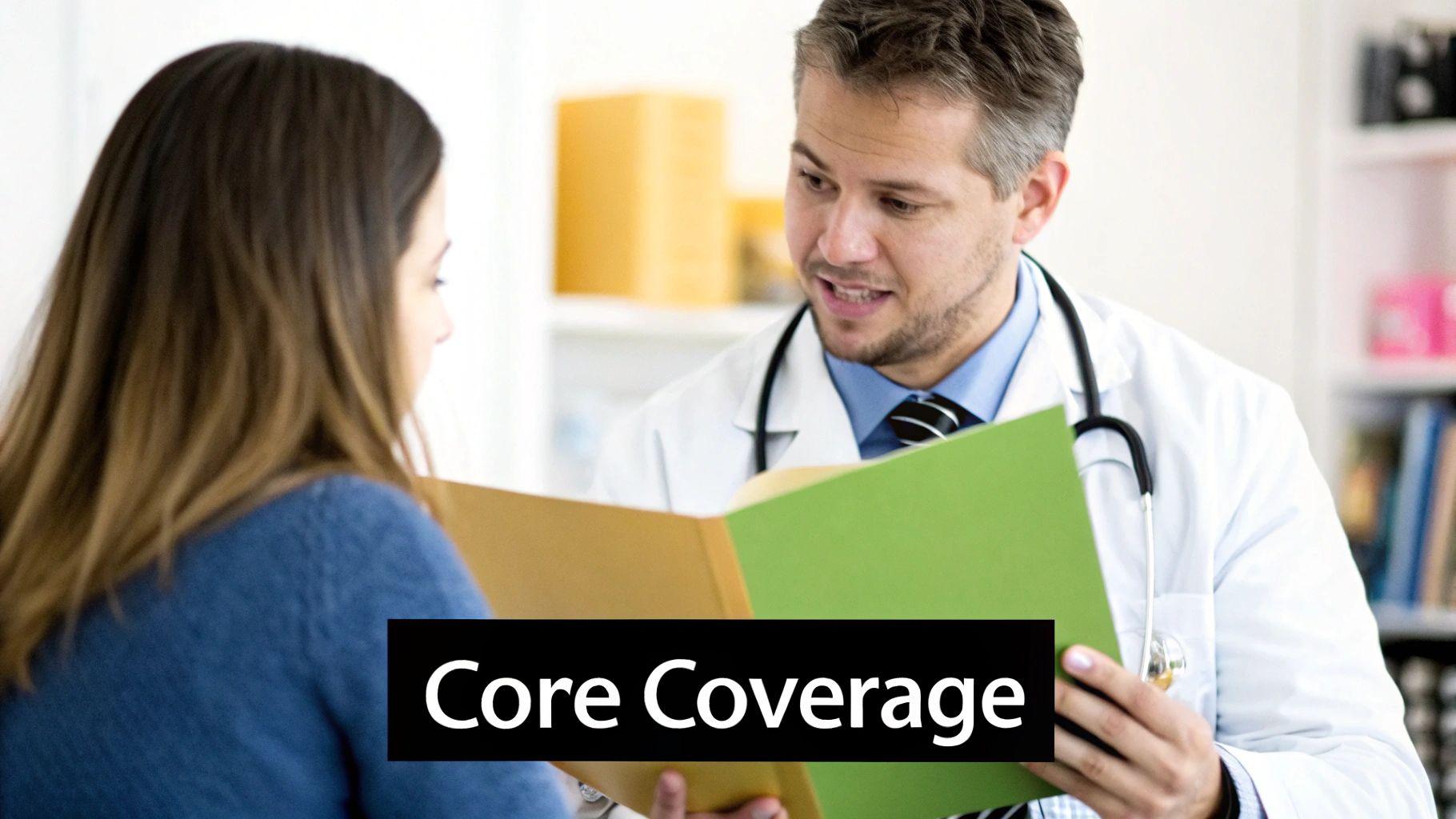 A male doctor in a white coat discusses core coverage plans from a folder with a female patient.