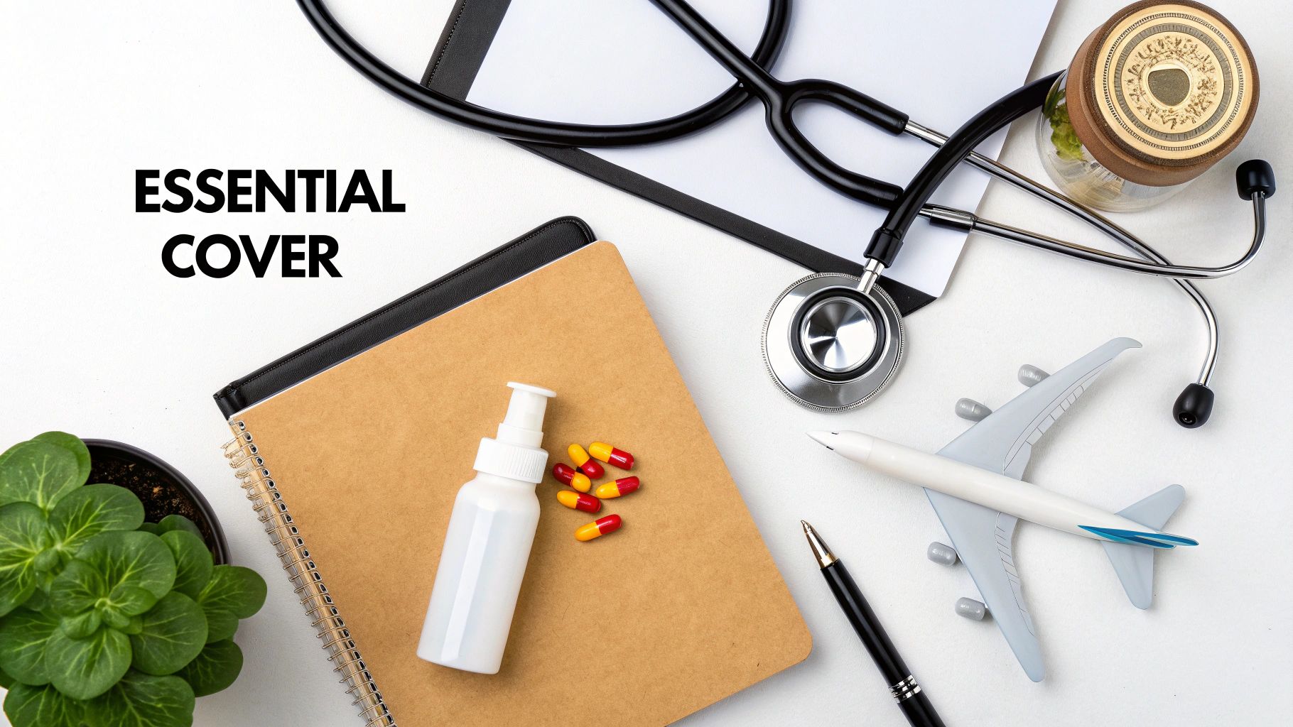 A flat lay displaying medical supplies, travel items, and a plant with 'ESSENTIAL COVER' text.