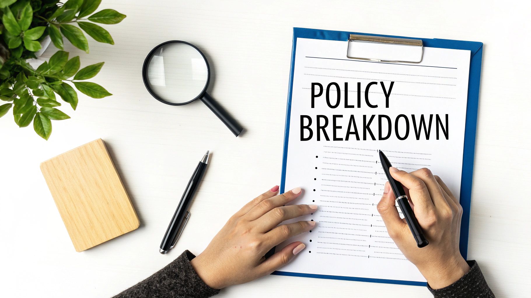 Hands reviewing a 'Policy Breakdown' document on a clipboard, alongside a magnifying glass and plant.