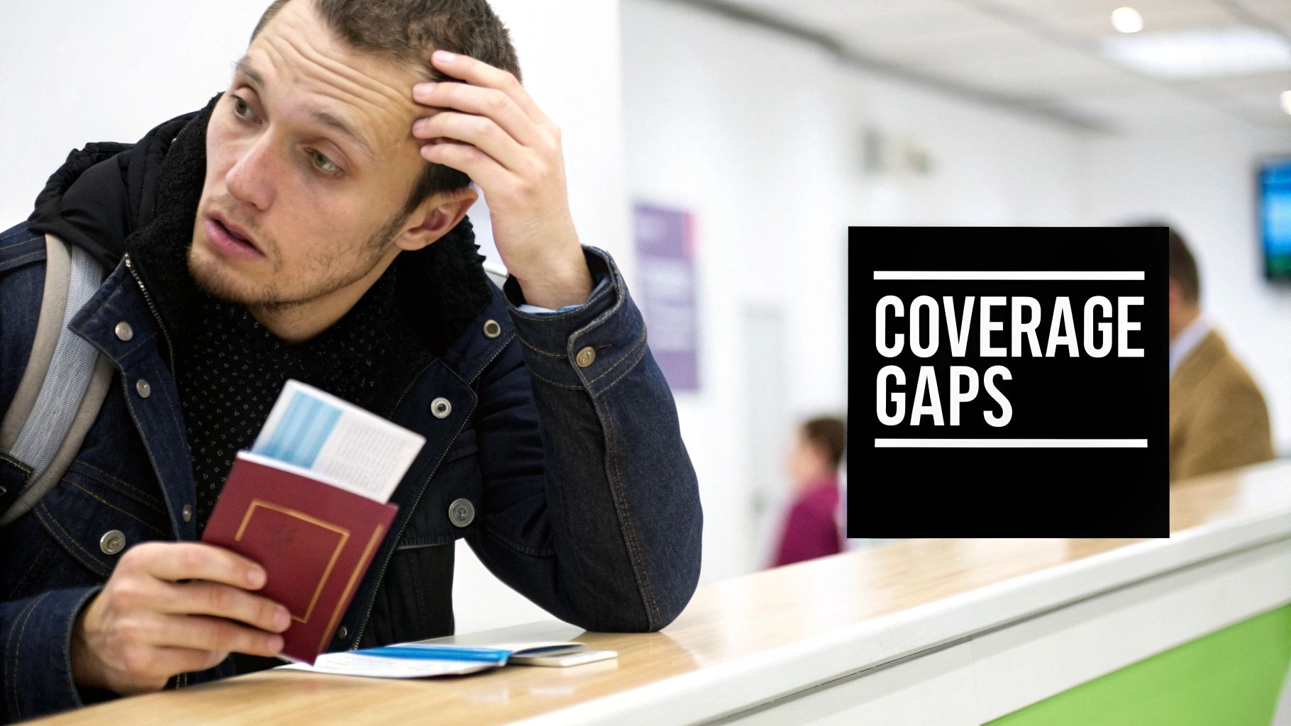 A worried man holds a passport and documents at a counter, facing 'COVERAGE GAPS'.