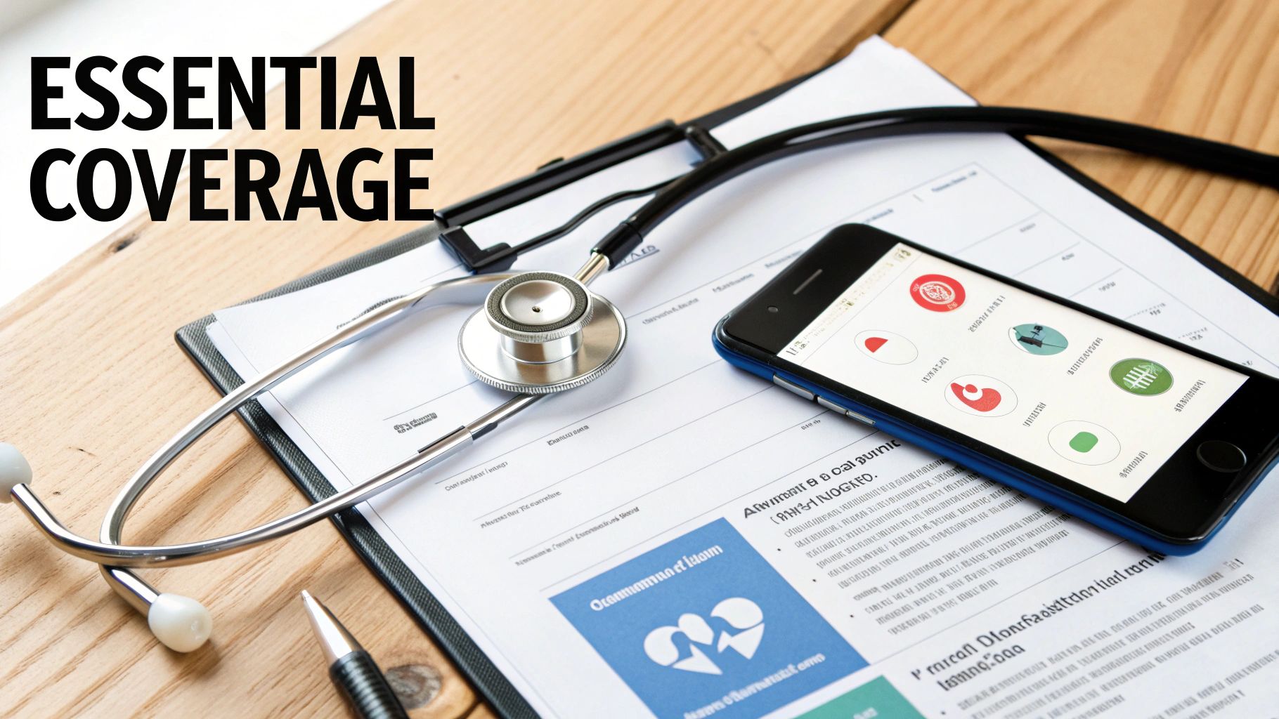 Stethoscope, medical documents, and smartphone with health app on a wooden desk, symbolizing essential coverage.