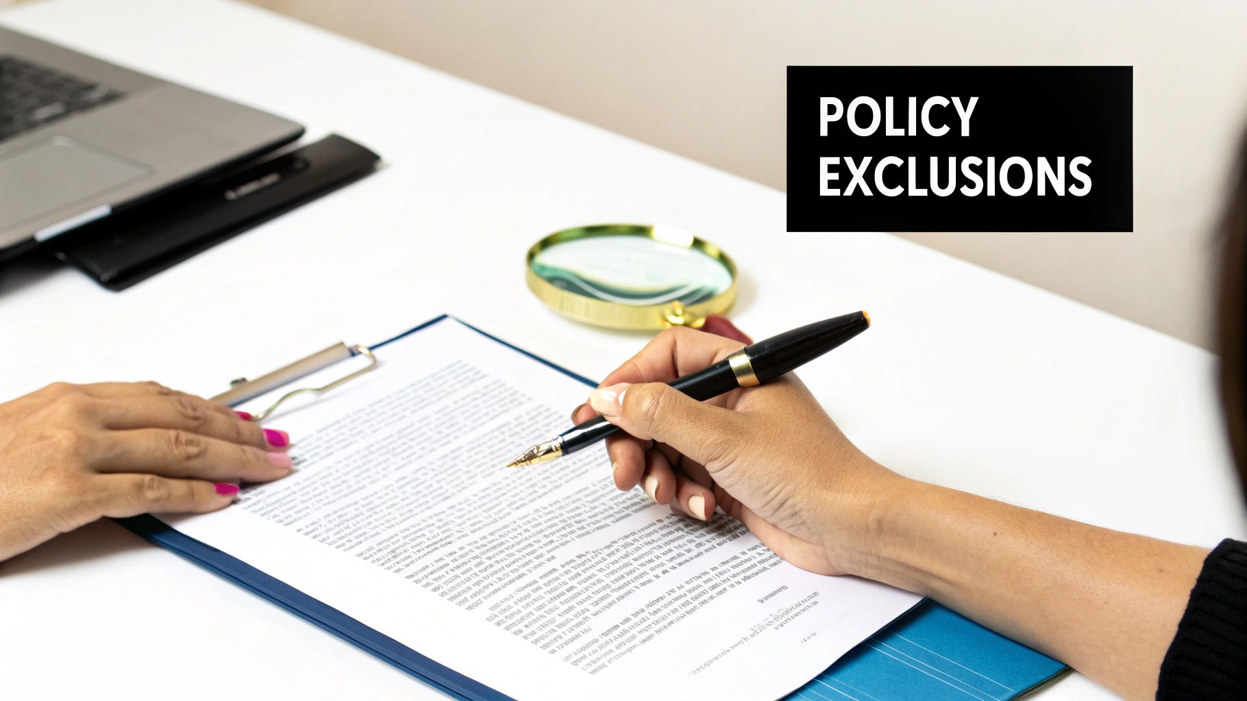 Hands reviewing a policy document with a pen, magnifying glass, and laptop, emphasizing policy exclusions.