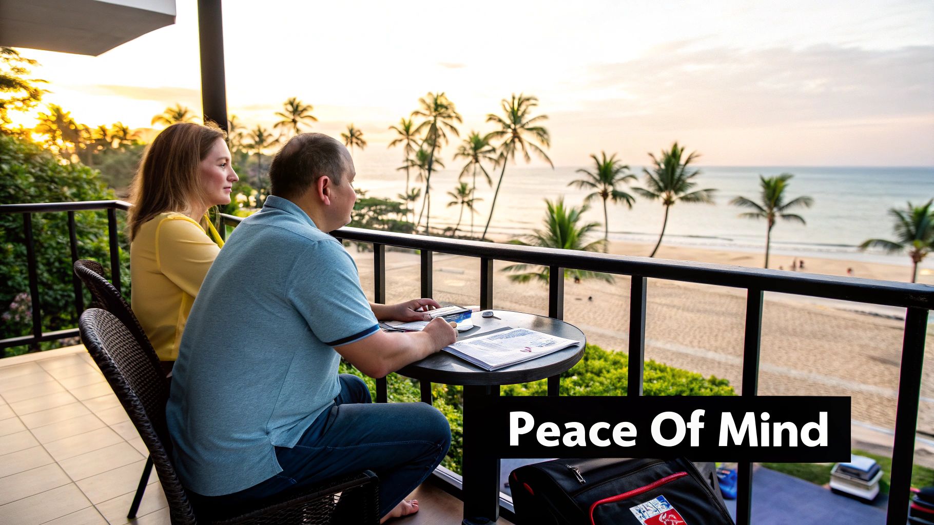 A couple on a balcony overlooks a serene beach with palm trees at sunset, the man reviewing documents.