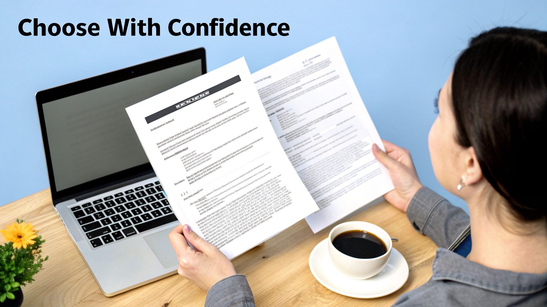 A person reviews documents at a desk with a laptop and coffee, making confident choices.