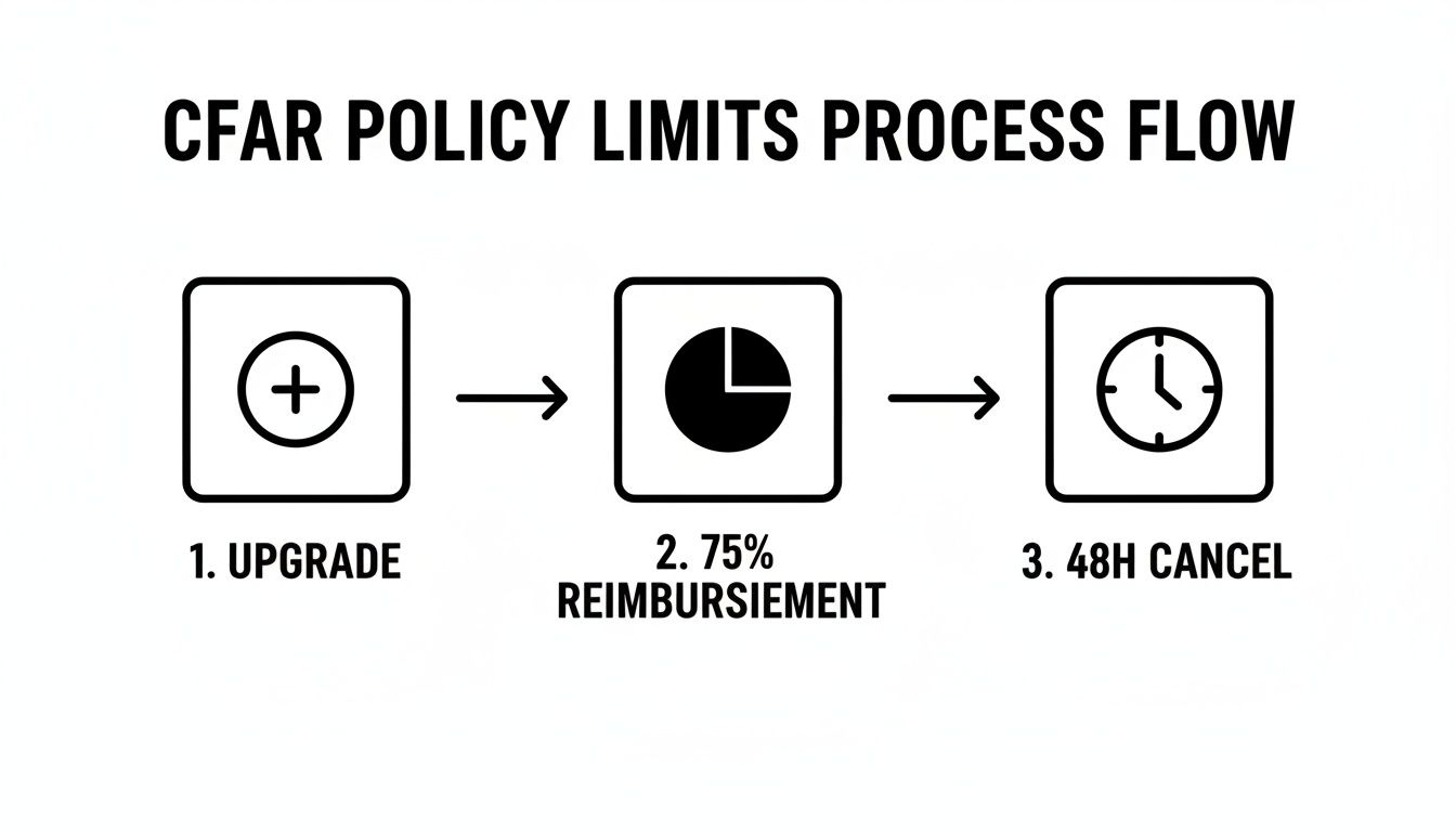 A CFAR policy limits process flow shows steps for upgrading, 75% reimbursement, and 48-hour cancellation.