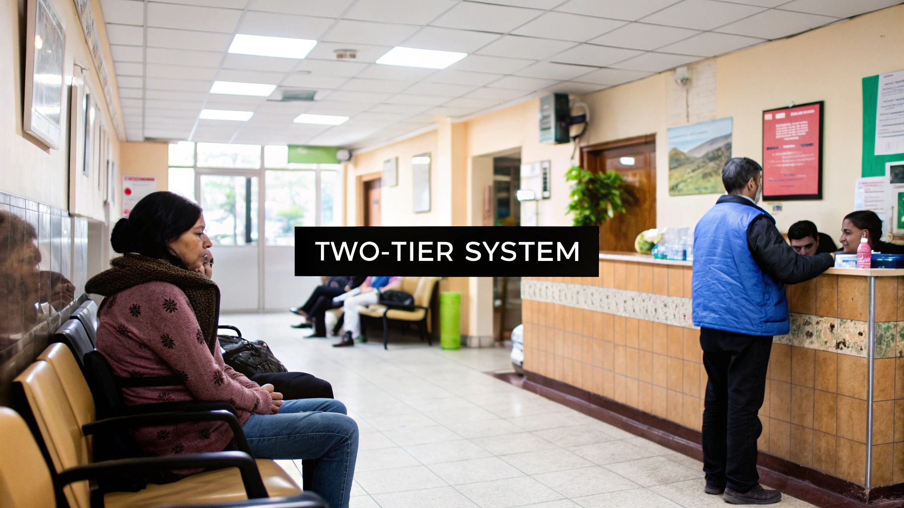 A woman waits in a bright clinic or hospital lobby, while a man talks to staff at a reception desk.