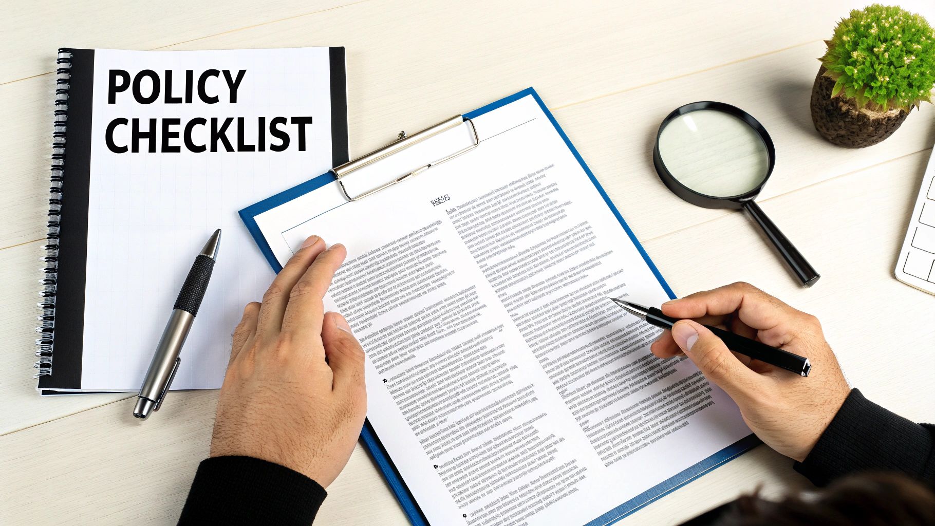 Overhead view of a person reviewing a 'Policy Checklist' and document, with a pen and magnifying glass.