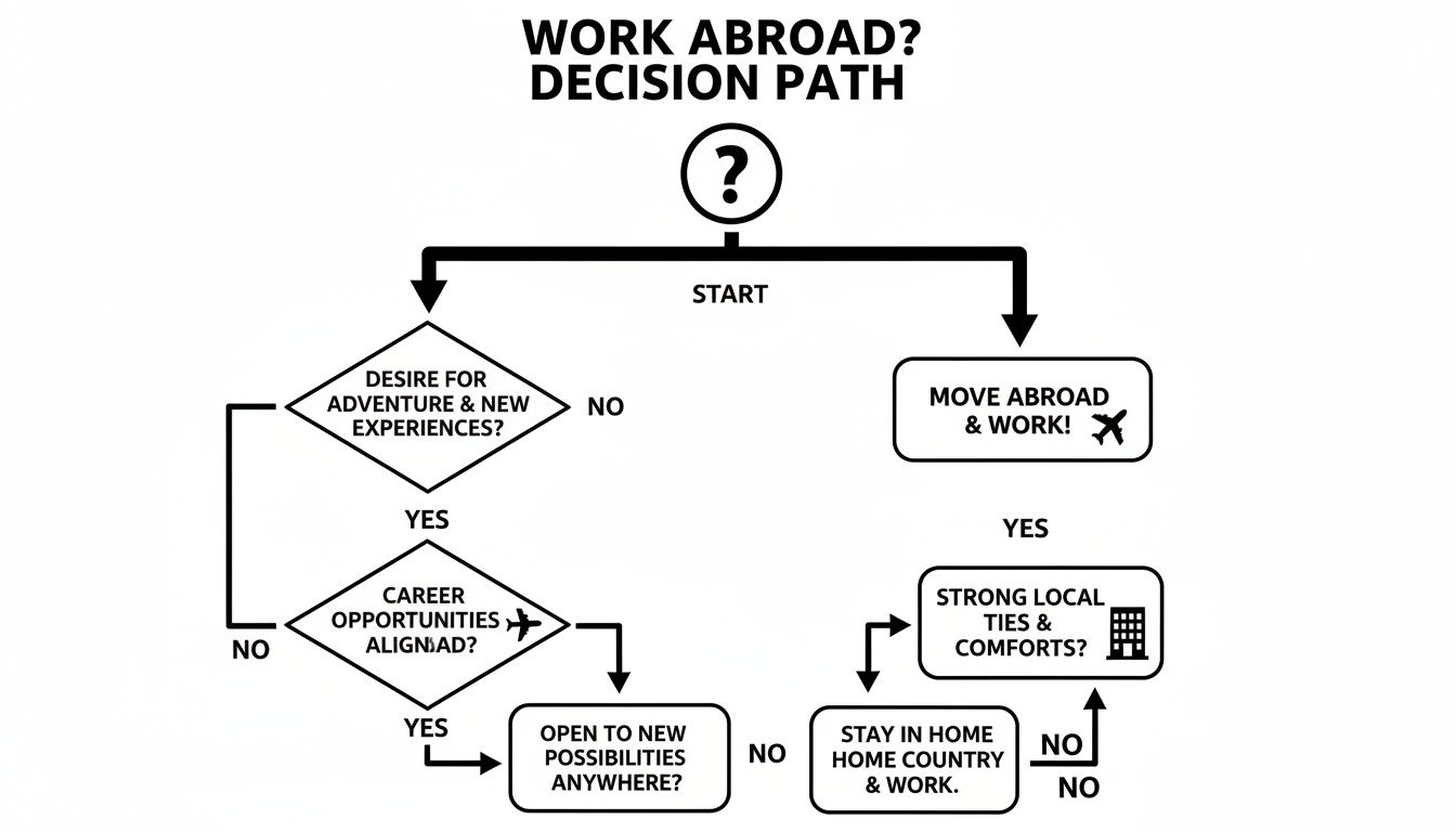 Flowchart outlining the decision path for working abroad, considering adventure, career, and local ties.