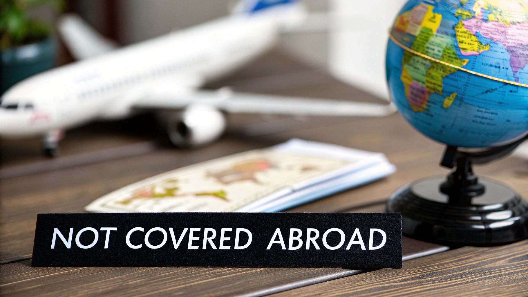 A black sign reading 'NOT COVERED ABROAD' on a desk, with a globe, airplane, and passport.
