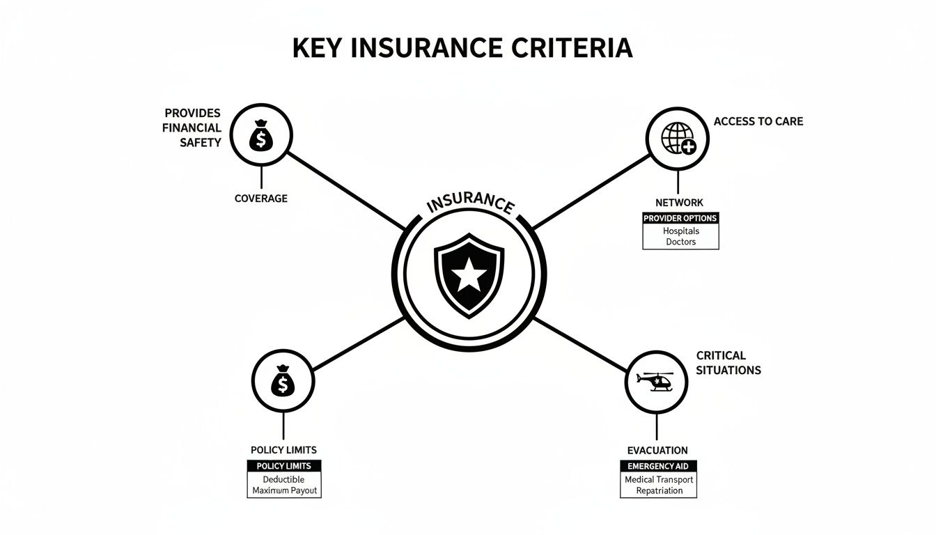A diagram outlining key insurance criteria including financial safety, access to care, policy limits, and critical situations.