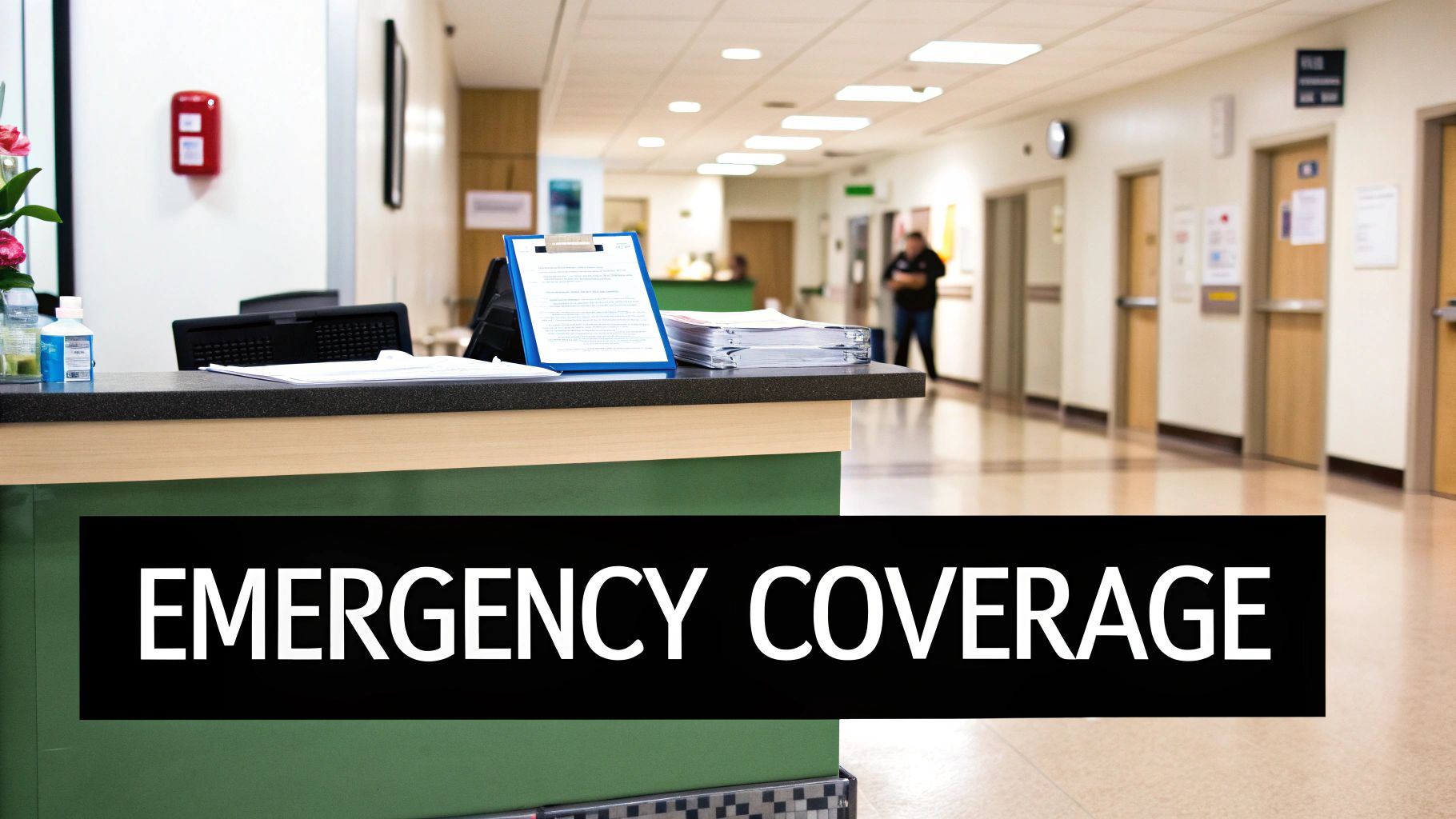 Hospital reception desk with 'EMERGENCY COVERAGE' banner, paperwork, and a hallway with patient rooms.