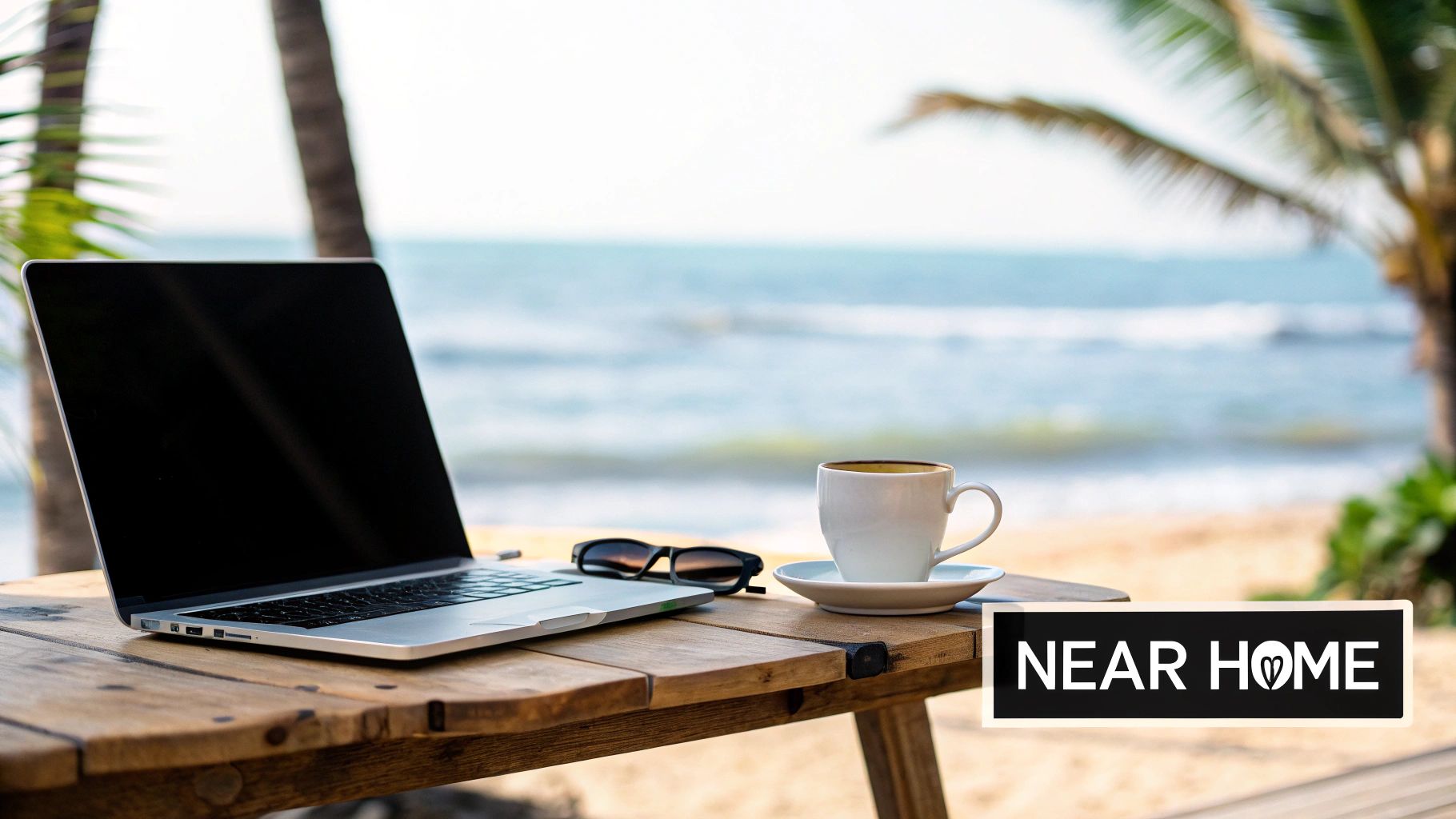 A remote worker's beach setup with a laptop, coffee, sunglasses, and a 'NEAR HOME' sign, overlooking the ocean.