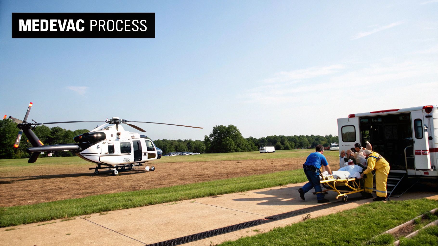 Ambulance crew transferring a patient on a stretcher towards a medical helicopter, illustrating the medevac process.
