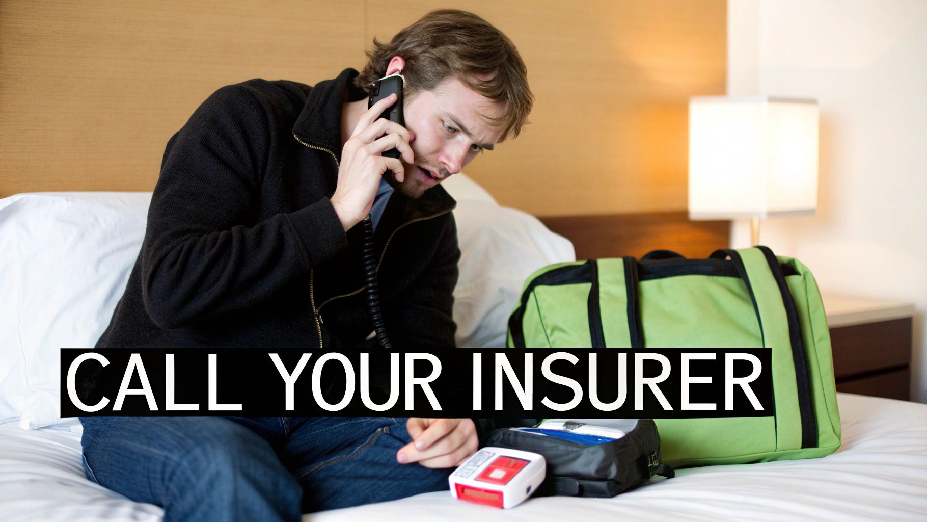 A man on a hotel bed, looking concerned while talking on a landline phone next to travel bags, with text 'CALL YOUR INSURER'.